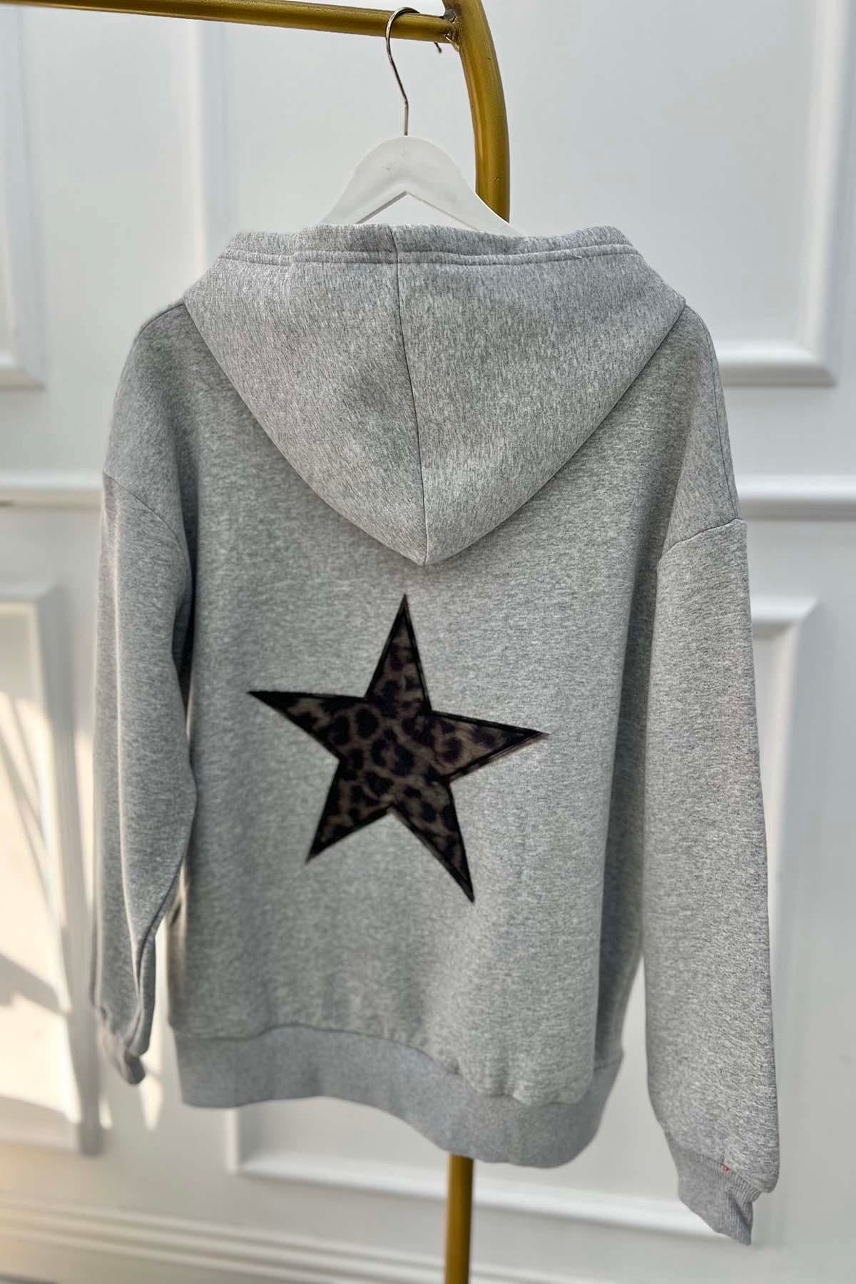 Leopar Yıldızlı Sweatshirt Gri