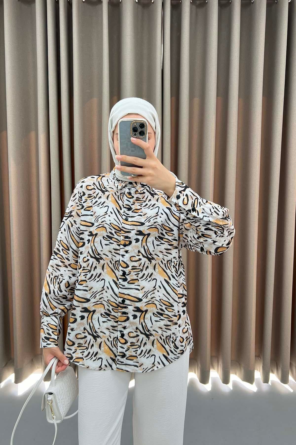 Leoparlı Gömlek Bej