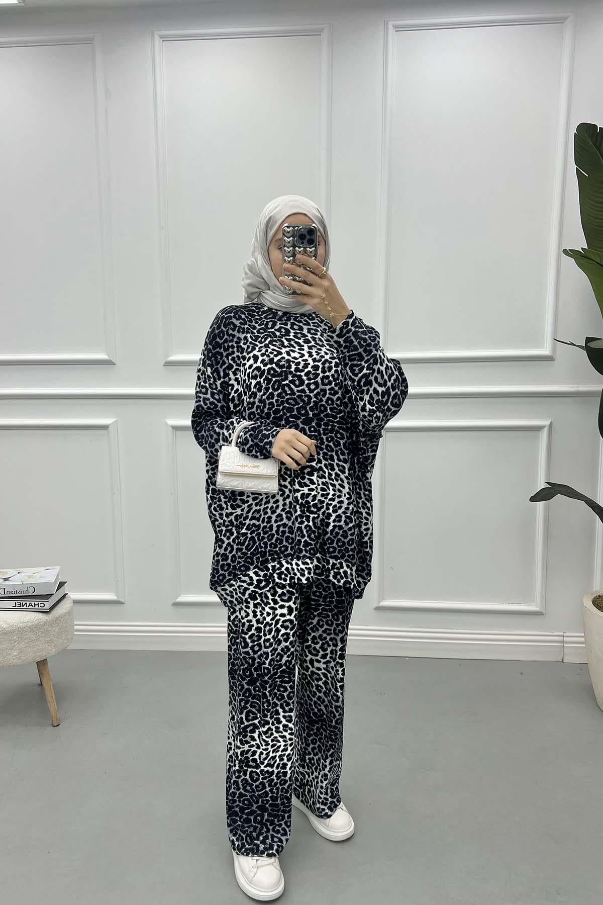 Leoparlı Oversize Takım Gri