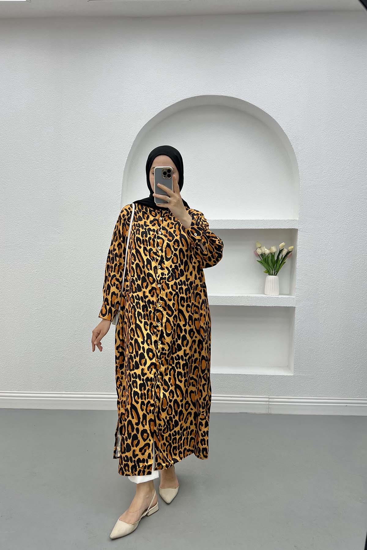 Leoparlı Saten Elbise Siyah
