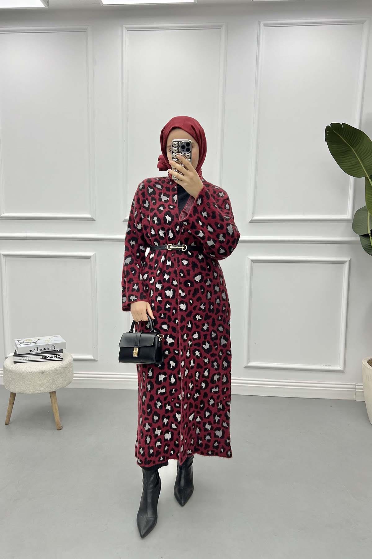 Leoparlı Uzun Hırka Bordo