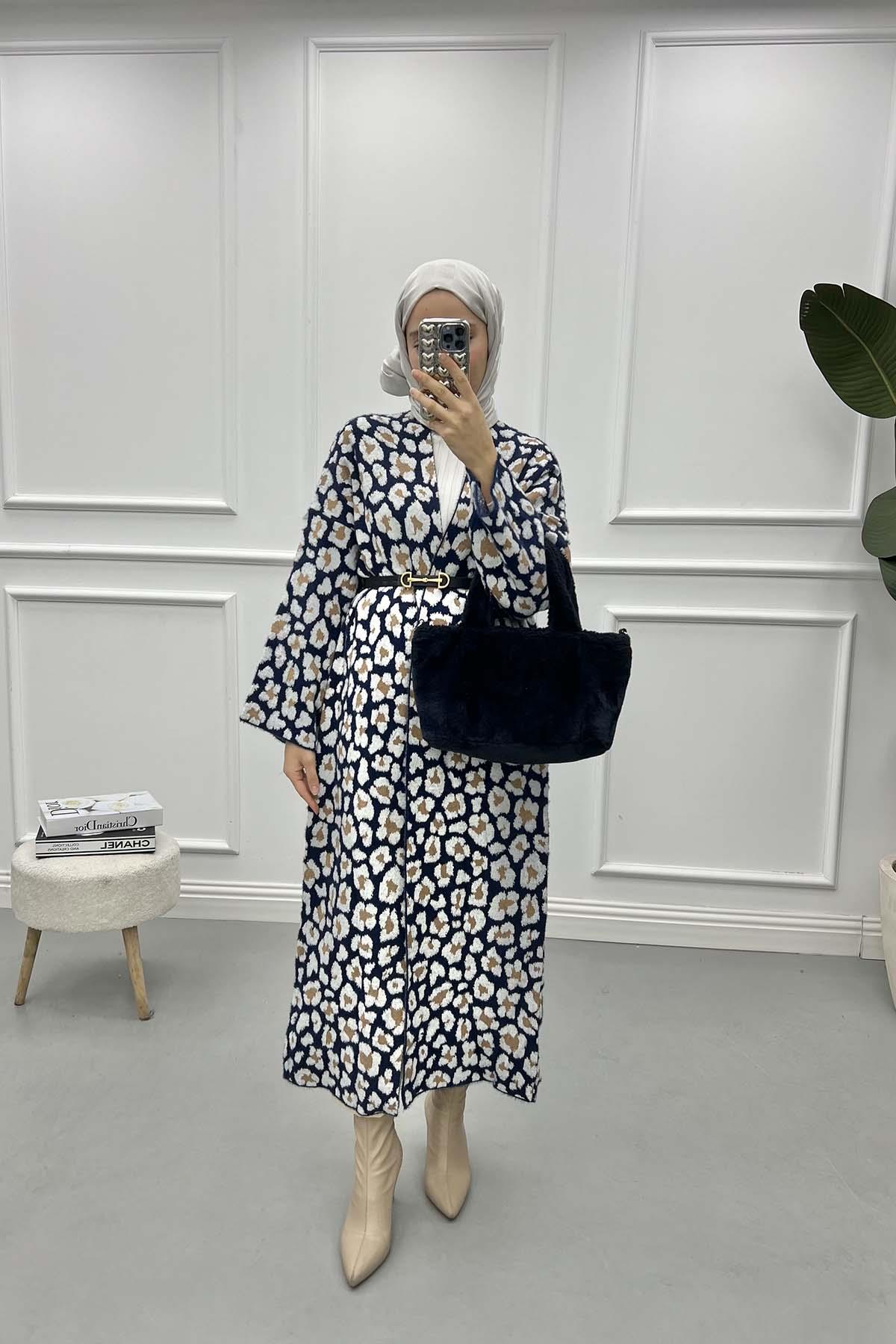 Leoparlı Uzun Hırka Lacivert