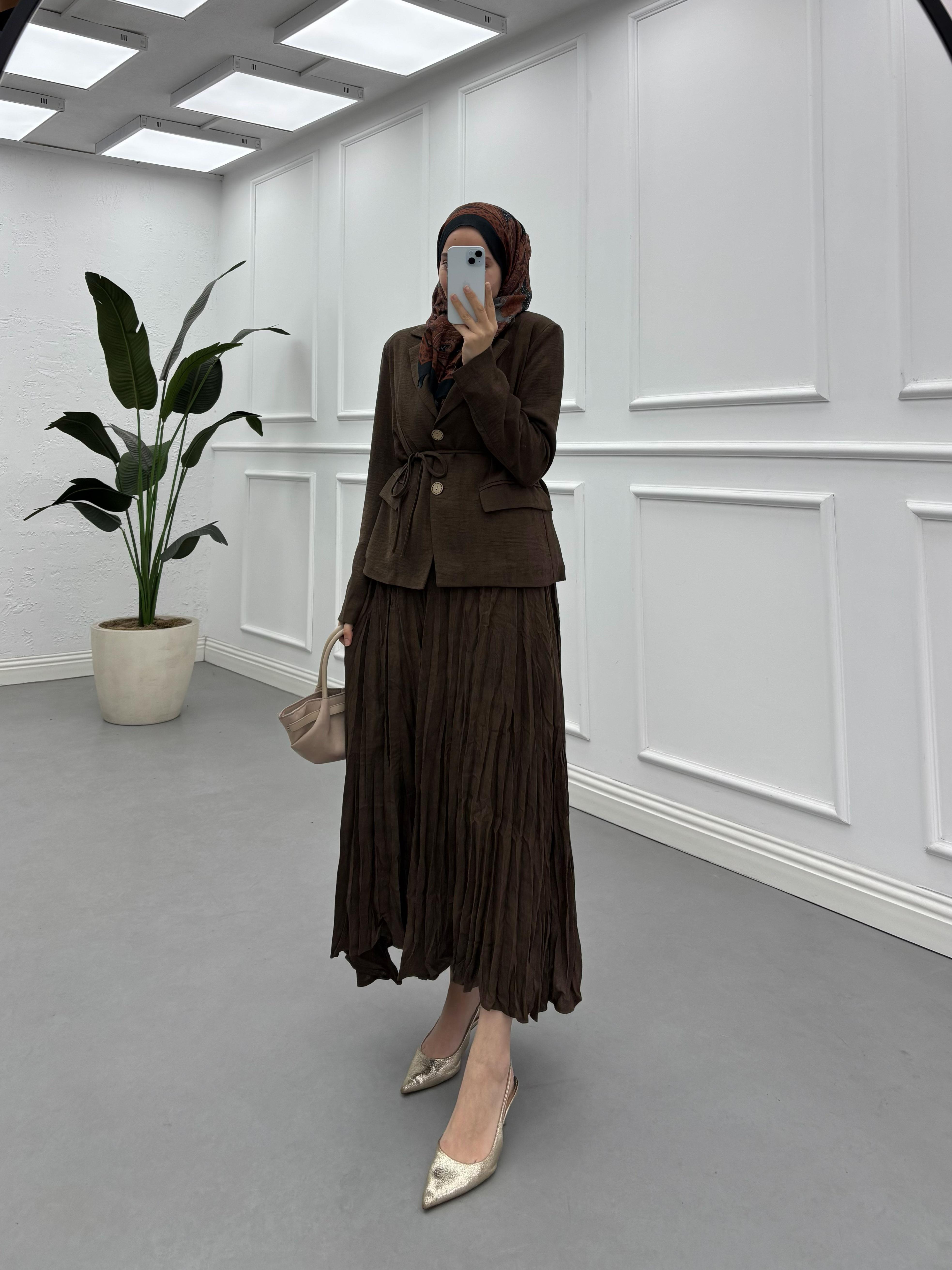 Lina Keten Blazer Takım Kahve