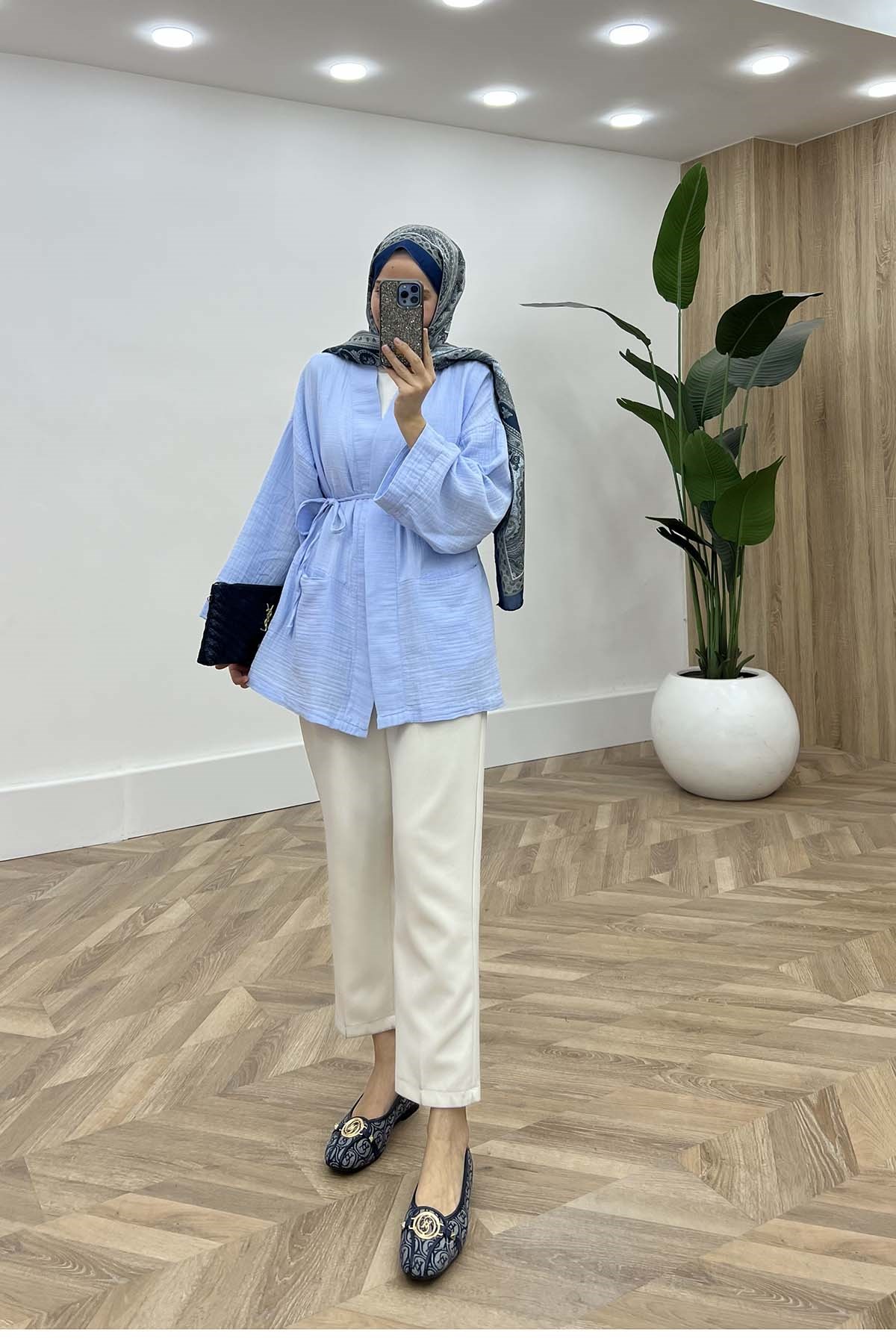 Lina Modern Kesim Belden Bağlamalı Tunik Bebe Mavi