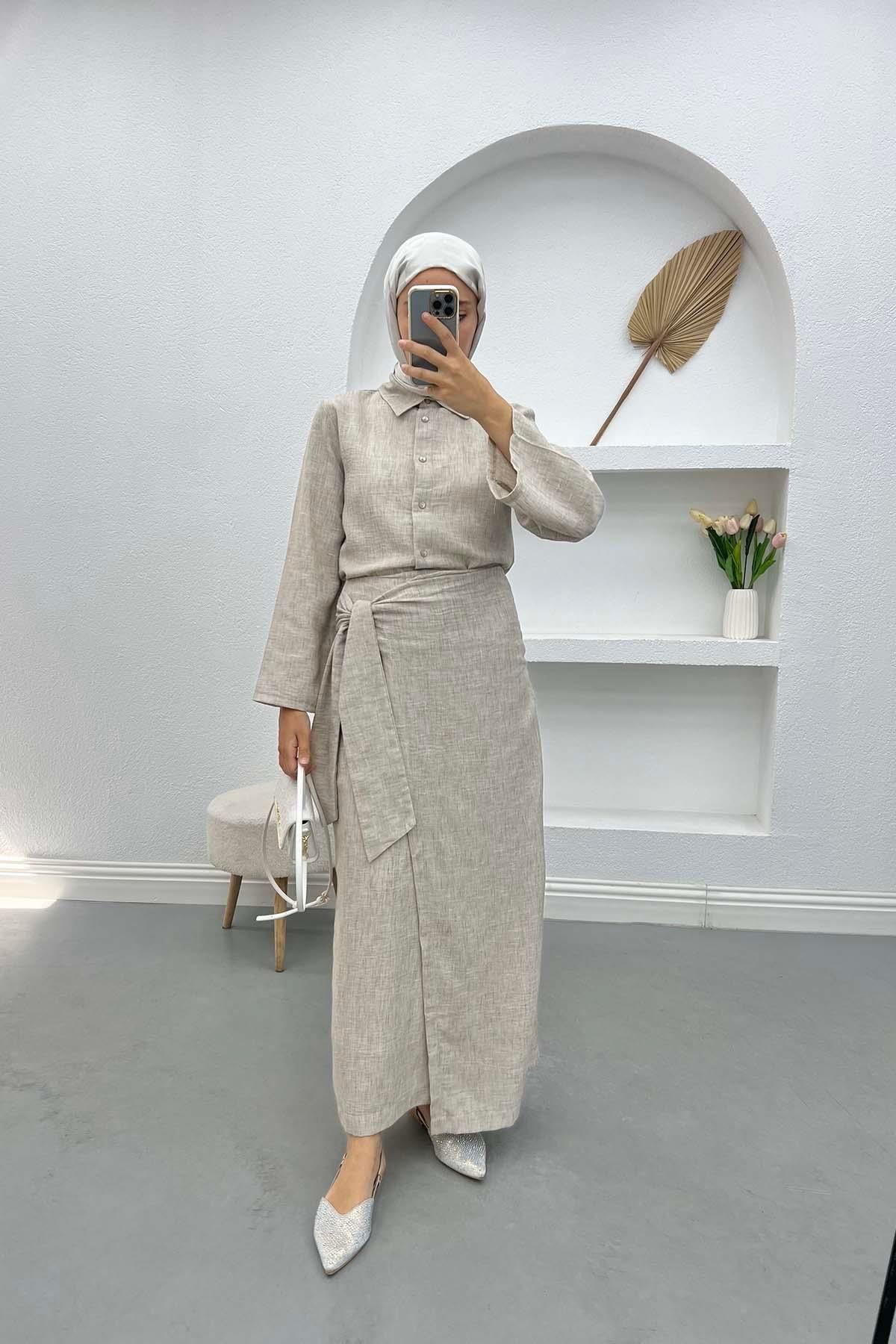 Luxury Gömlek Etekli Takım Bej