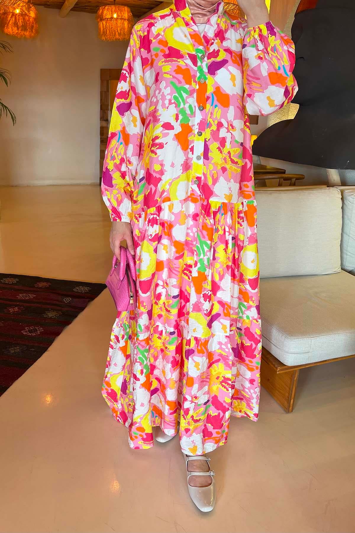Mango Desen Viskon Elbise Pembe