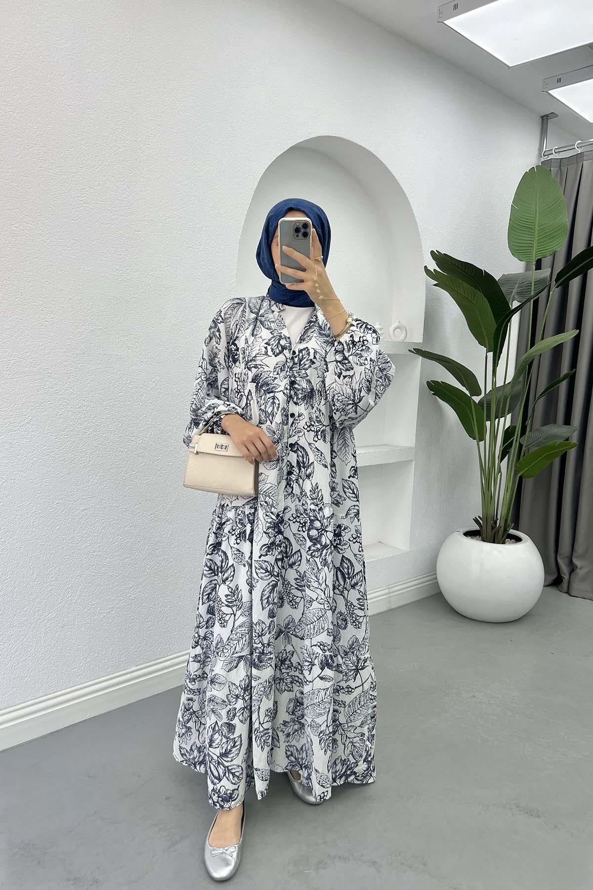 Mango Kumaş Çiçekli Elbise Lacivert