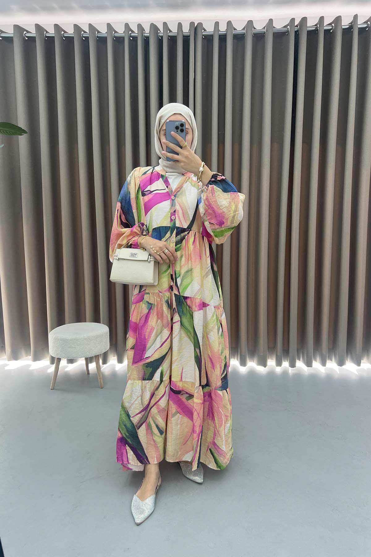 Mango Kumaş Desenli Elbise Fuşya