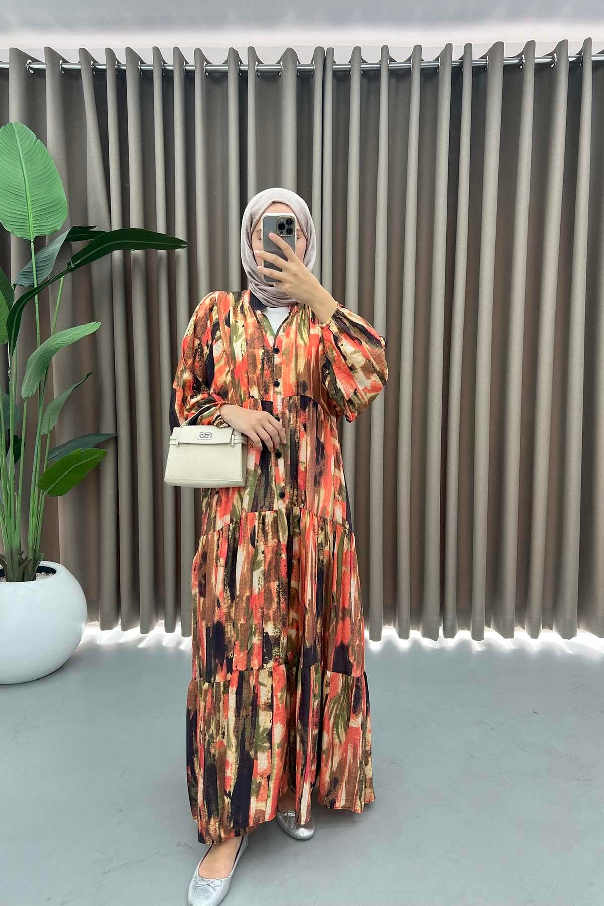 Mango Kumaş Desenli Elbise Haki