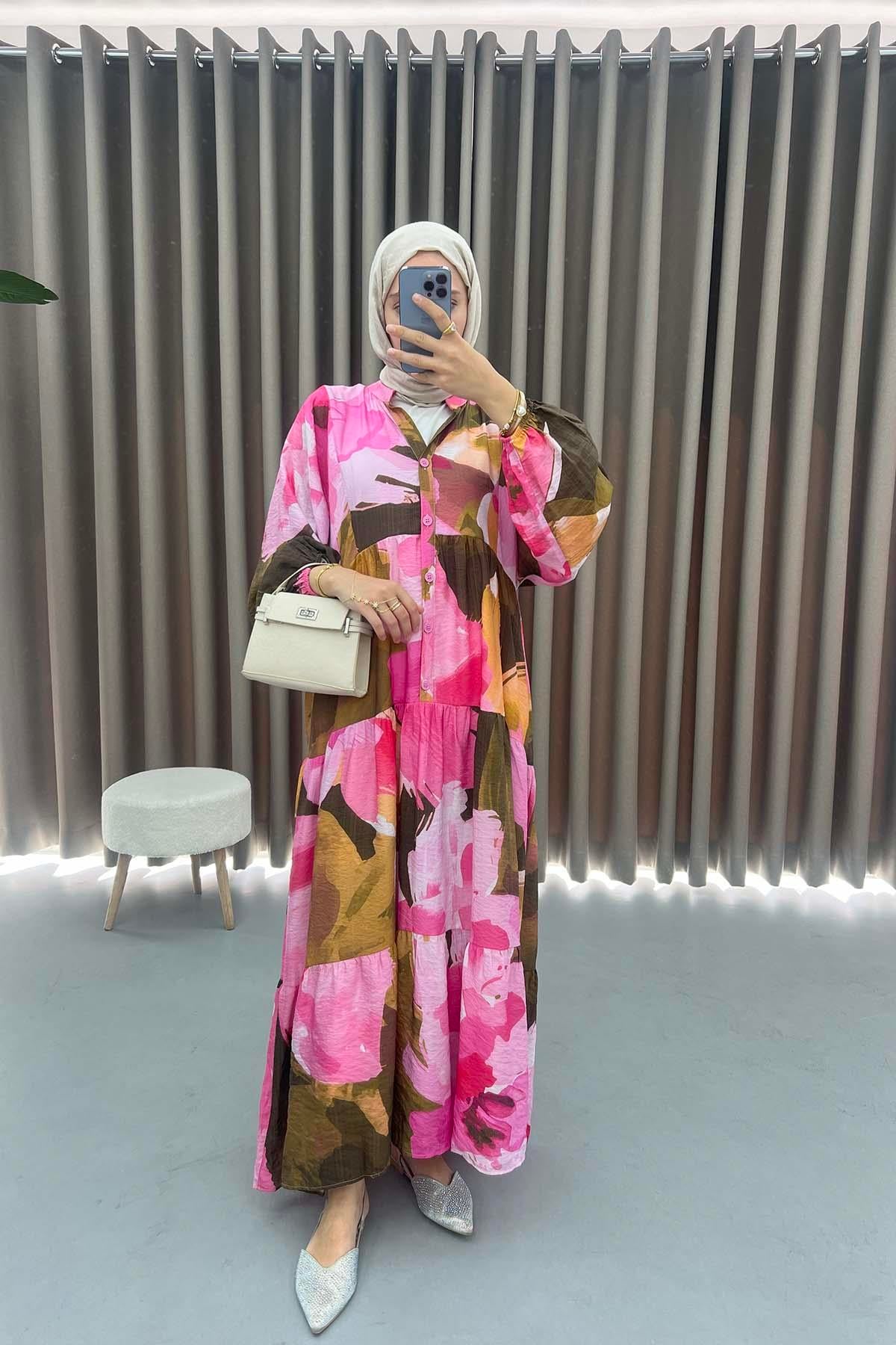 Mango Kumaş Desenli Elbise Pembe