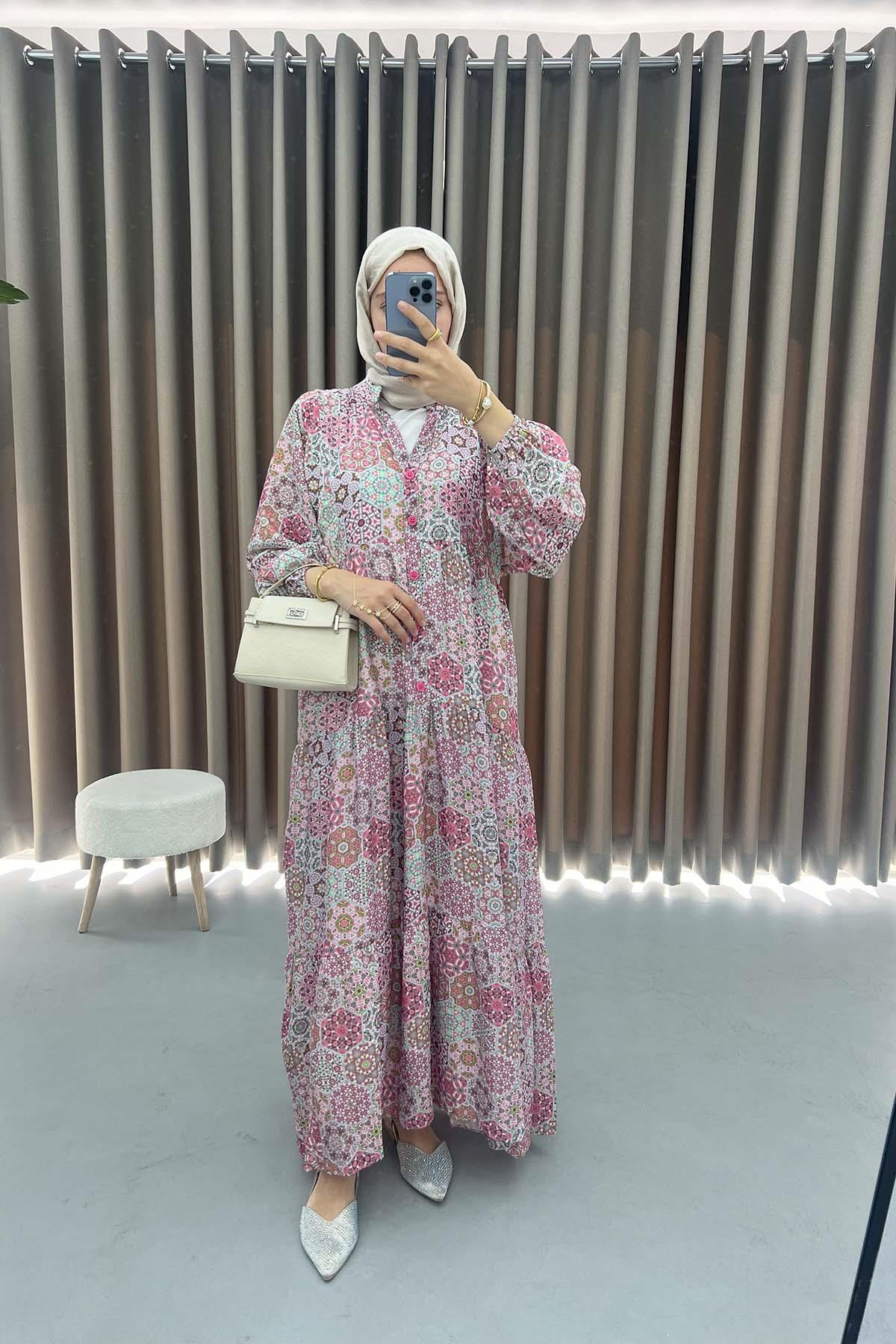 Mango Kumaş Desenli Elbise Pembe