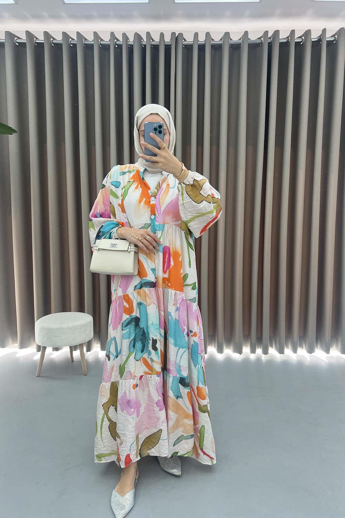 Mango Kumaş Desenli Elbise Turkuaz