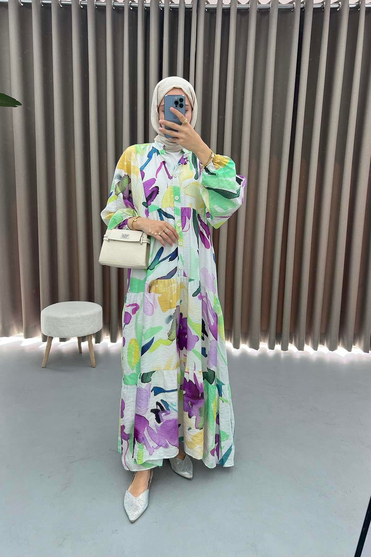 Mango Kumaş Desenli Elbise Yeşil