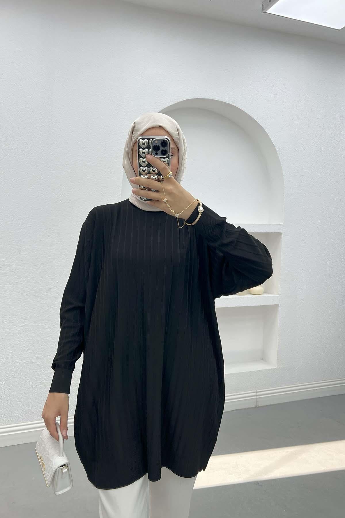 Merserize Fitilli Tunik Siyah