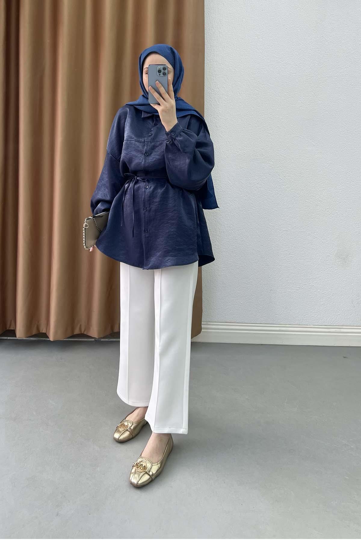 Metalik Işıltılı Oversize Tunik Gömlek Safir Mavi
