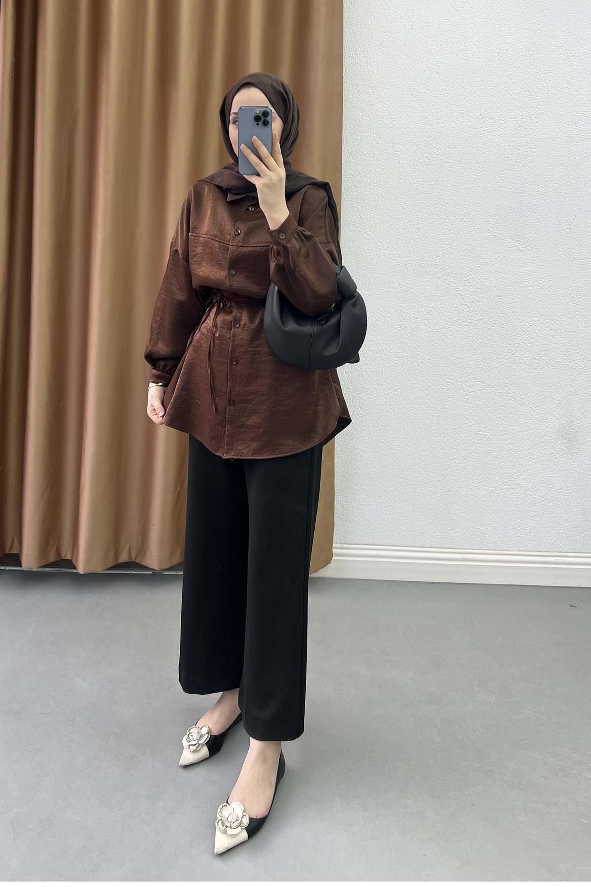 Metalik Işıltılı Oversize Tunik Gömlek Bakır Kahve