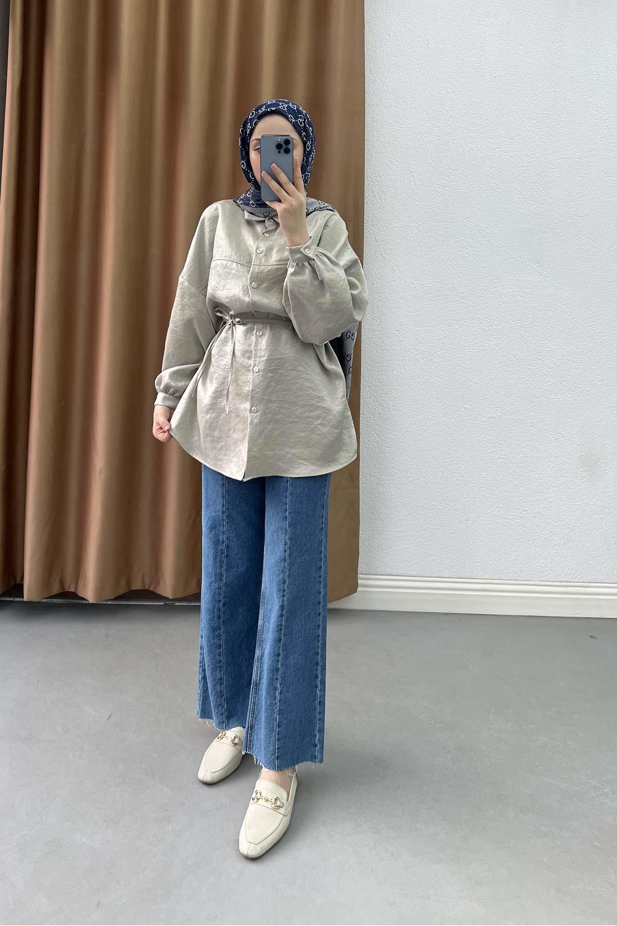 Metalik Işıltılı Oversize Tunik Gömlek İnci Beyazı