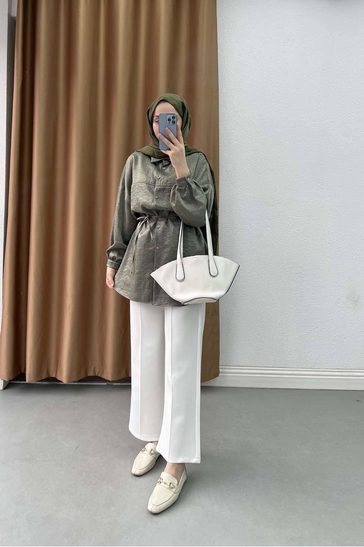 Metalik Işıltılı Oversize Tunik Gömlek Haki