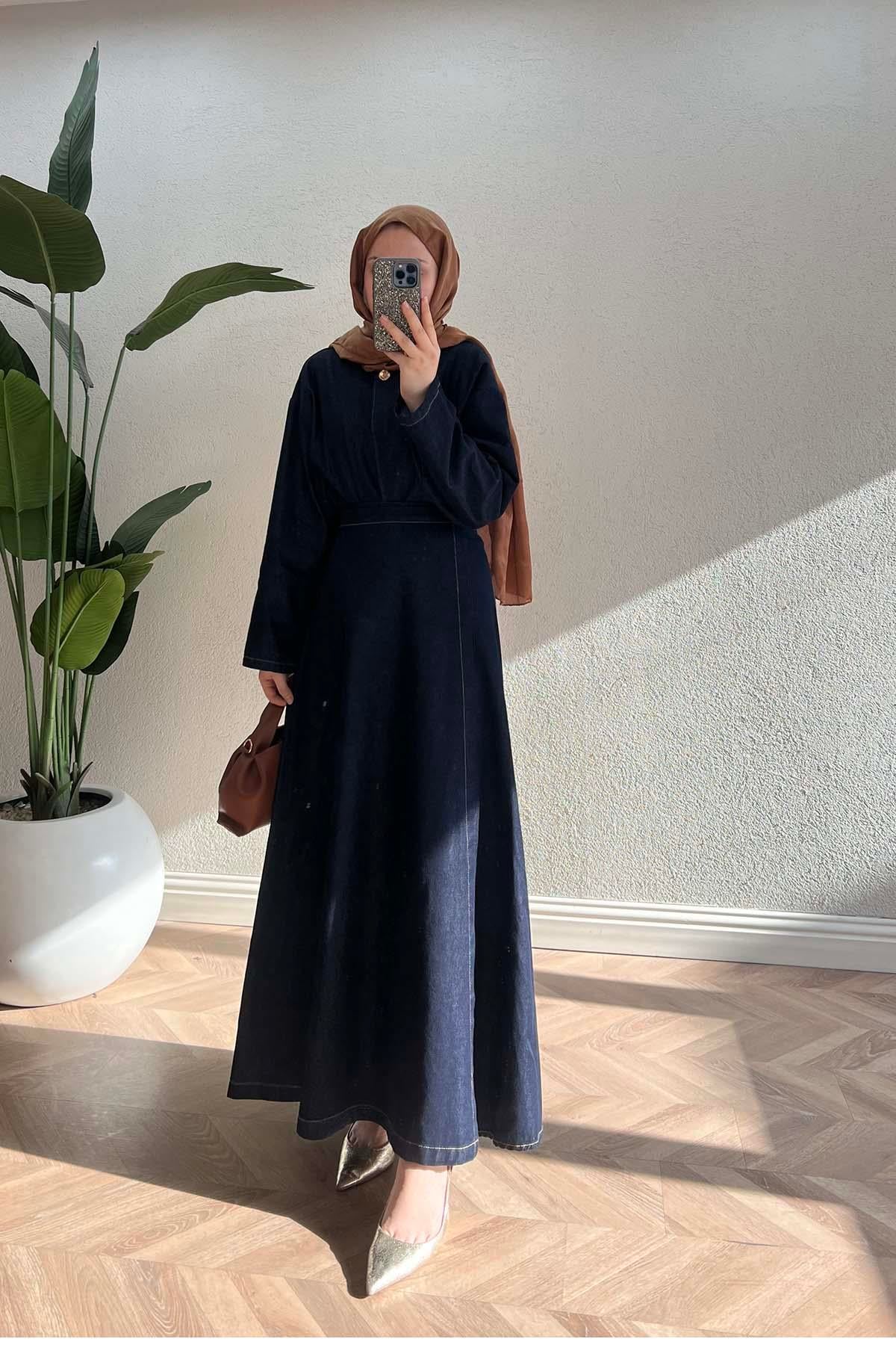 Minimalist Dikişli Gold Düğmeli Kot Takım Koyu Mavi