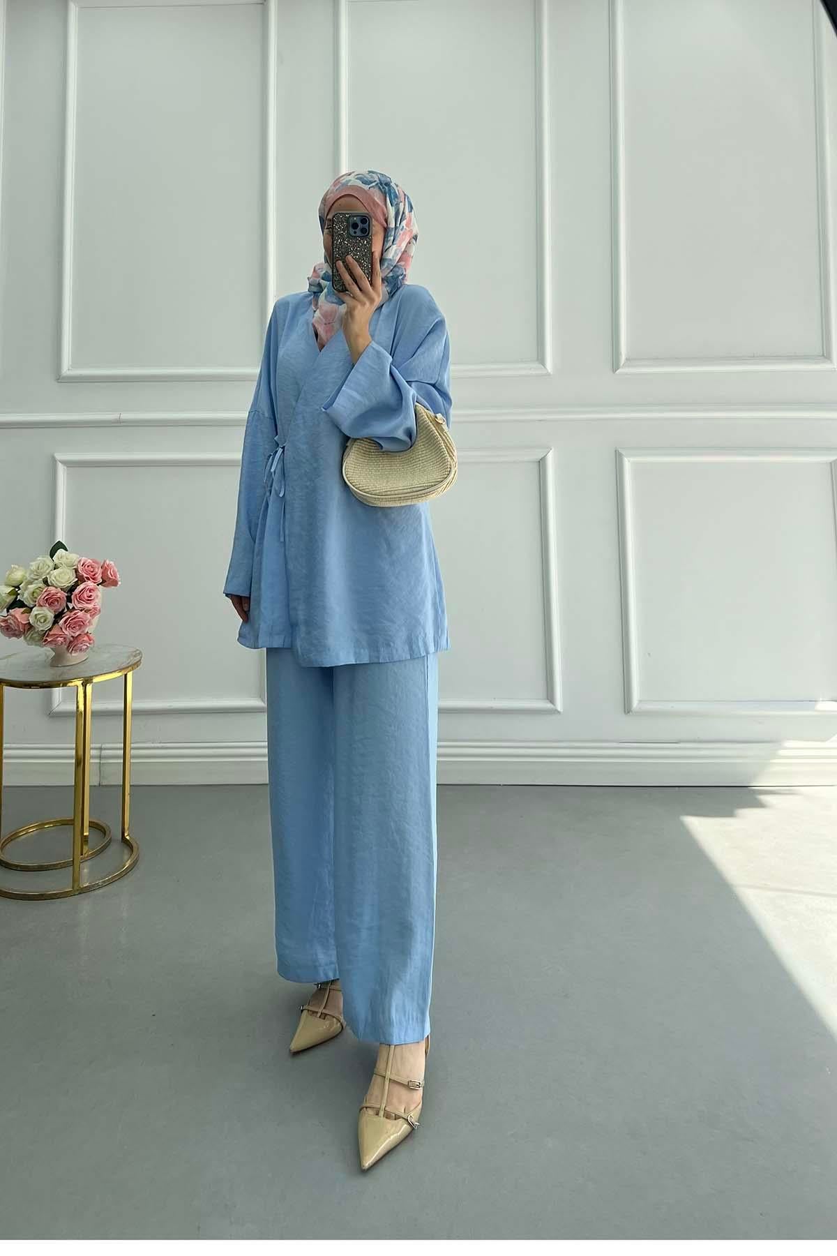 Minimalist Tasarım Bağlamalı Modal Takım Bebe Mavi