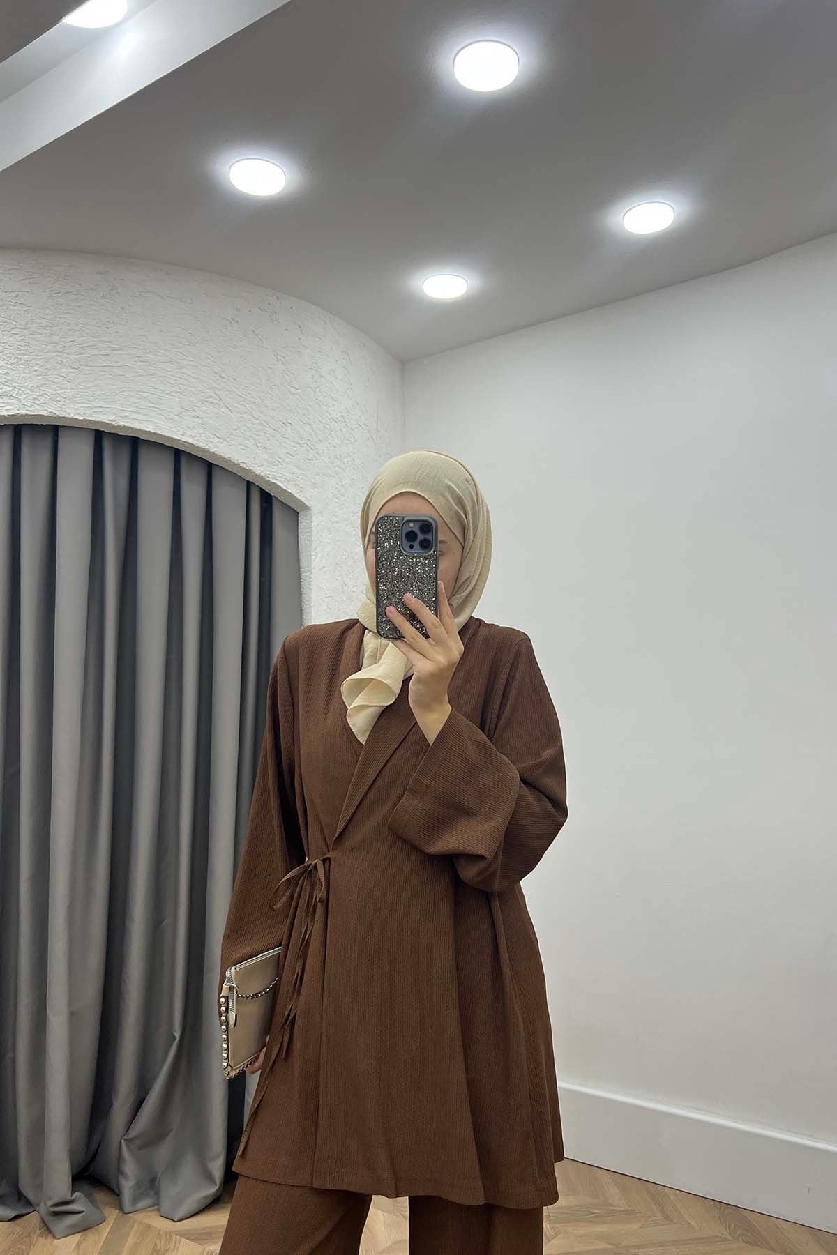 Minimalist Tasarım Kimono Takım Kahve