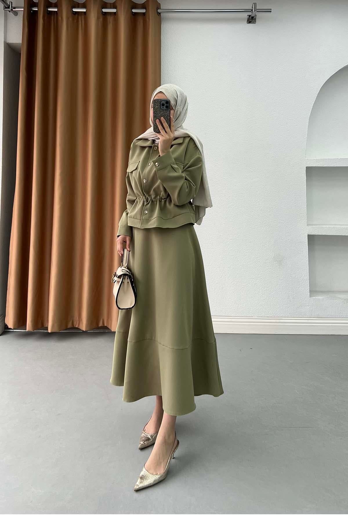 Modern Bel Büzgülü Double Takım Yeşil