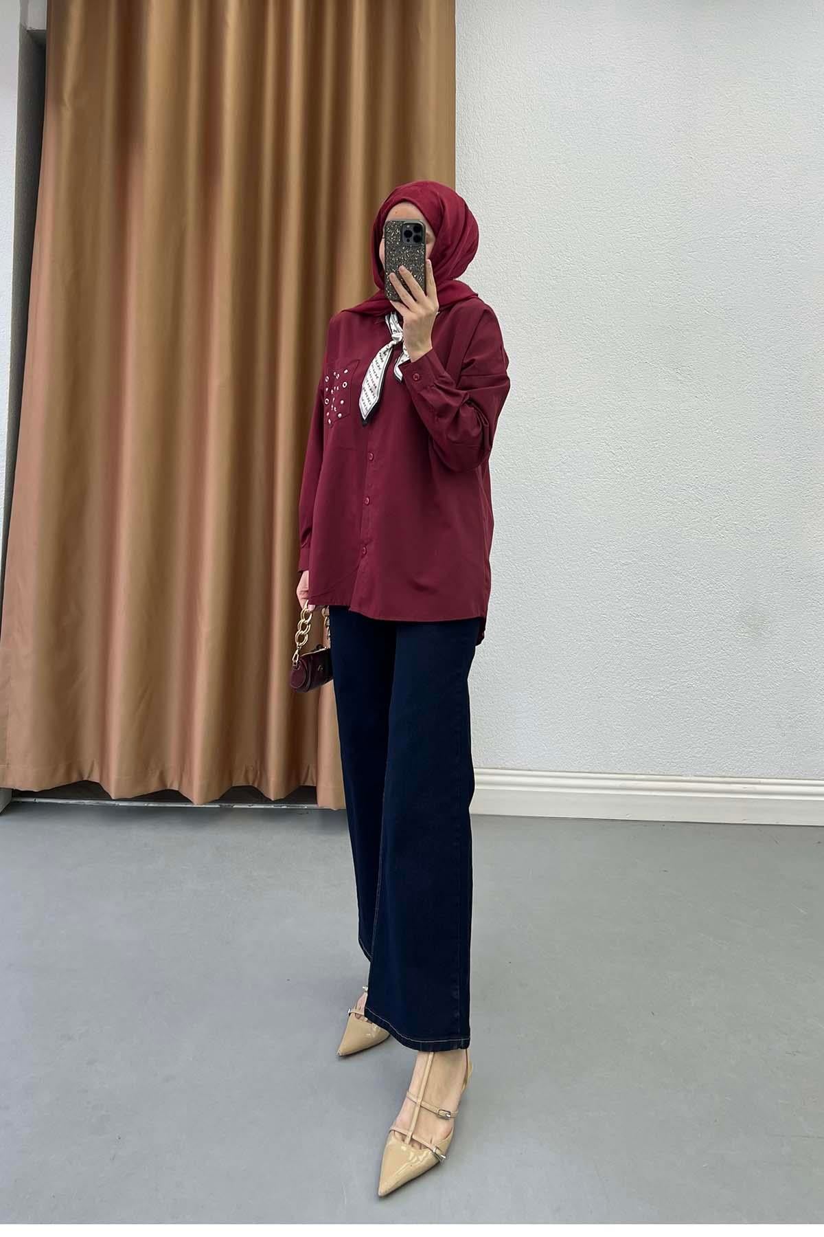 Modern Fularlı Aksesuar Detaylı Gömlek Bordo