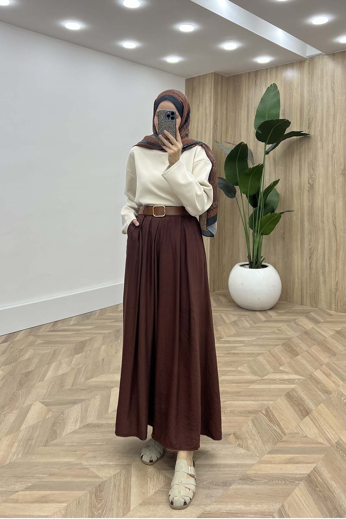 Modern Kemerli Dökümlü Çilek Pantalon Kahve