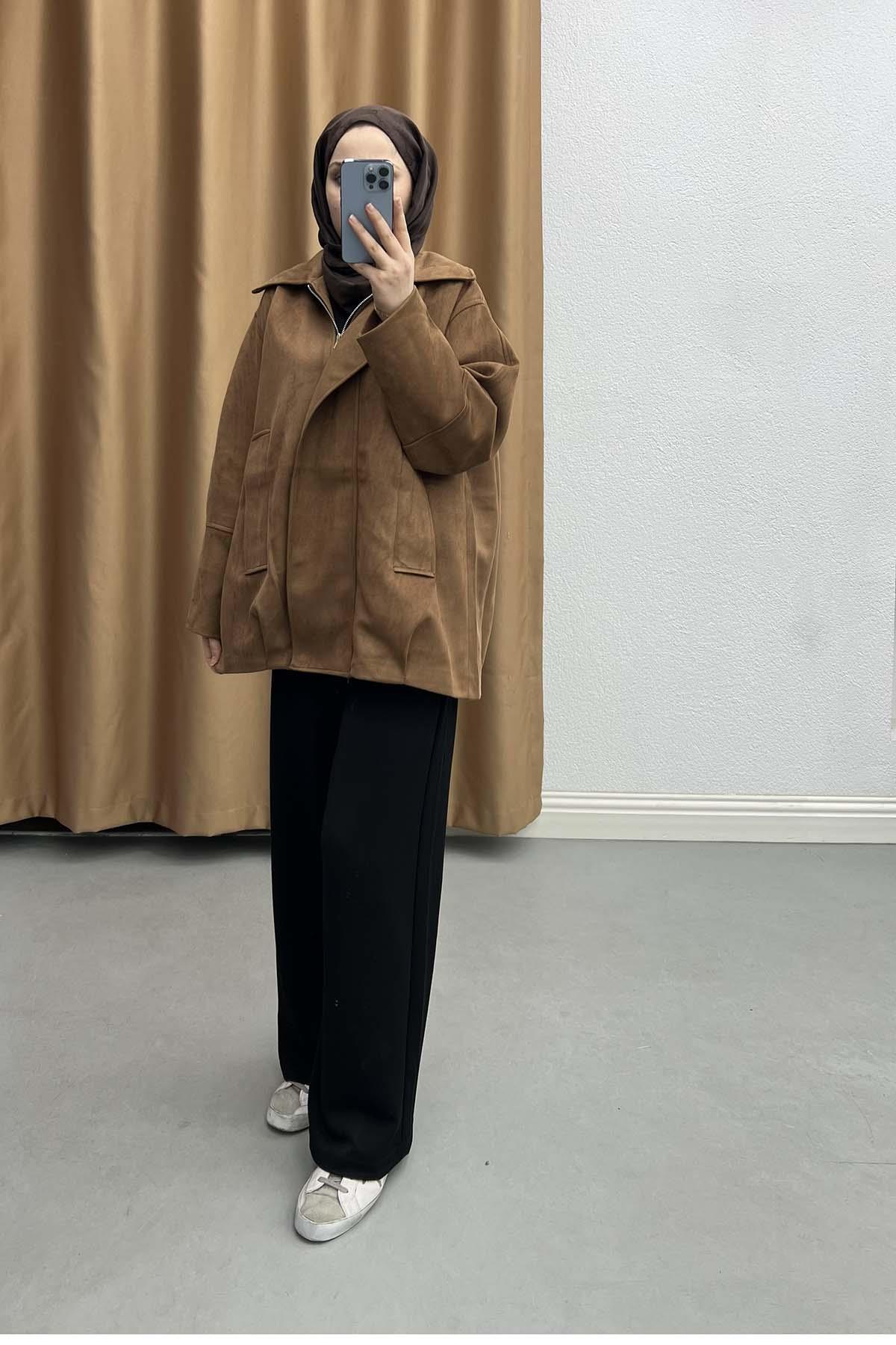 Modern Kesim Oversize Astarlı Süet Ceket Kahve