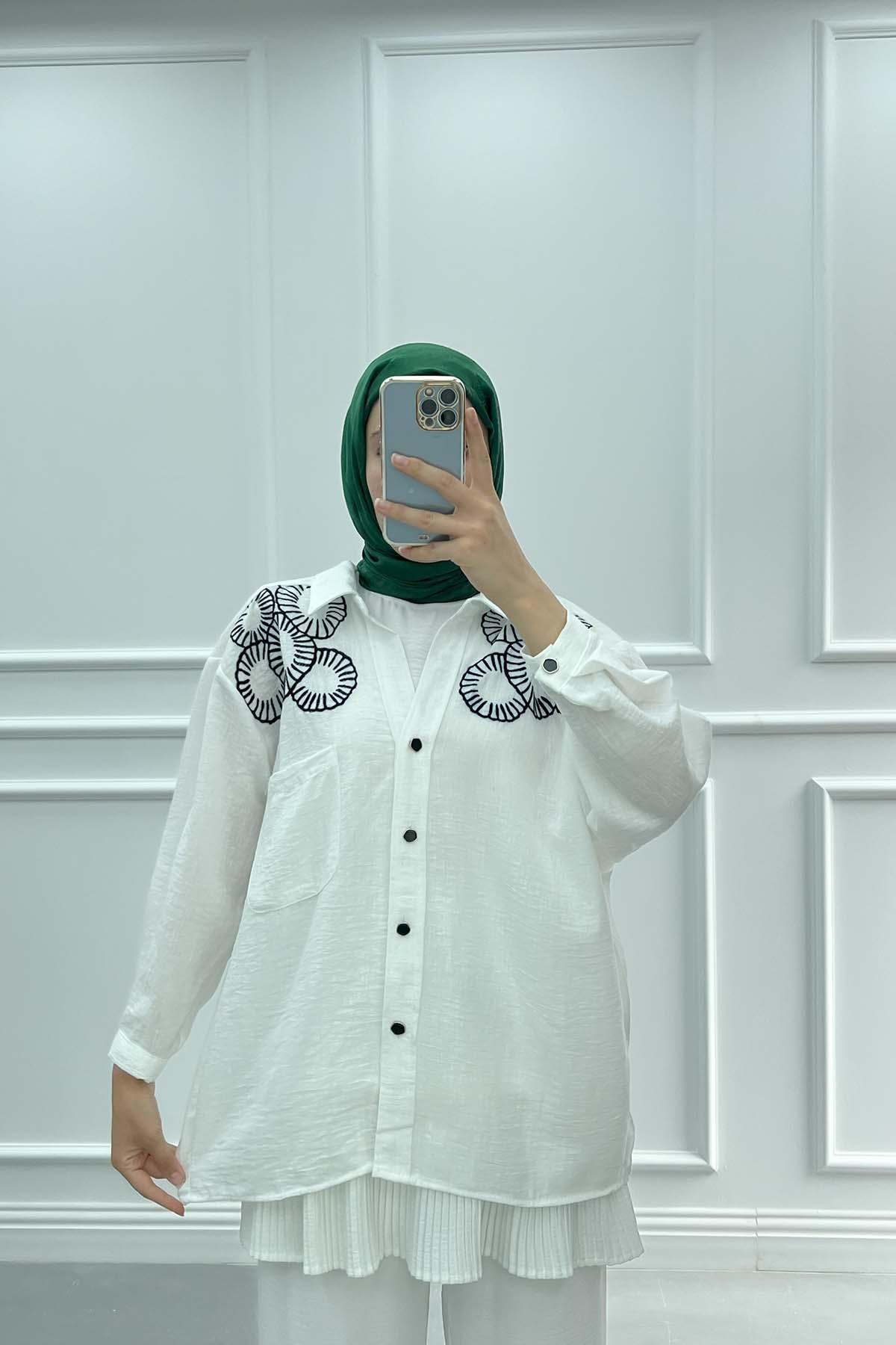 Nakışlı Oversize Gömlek Beyaz