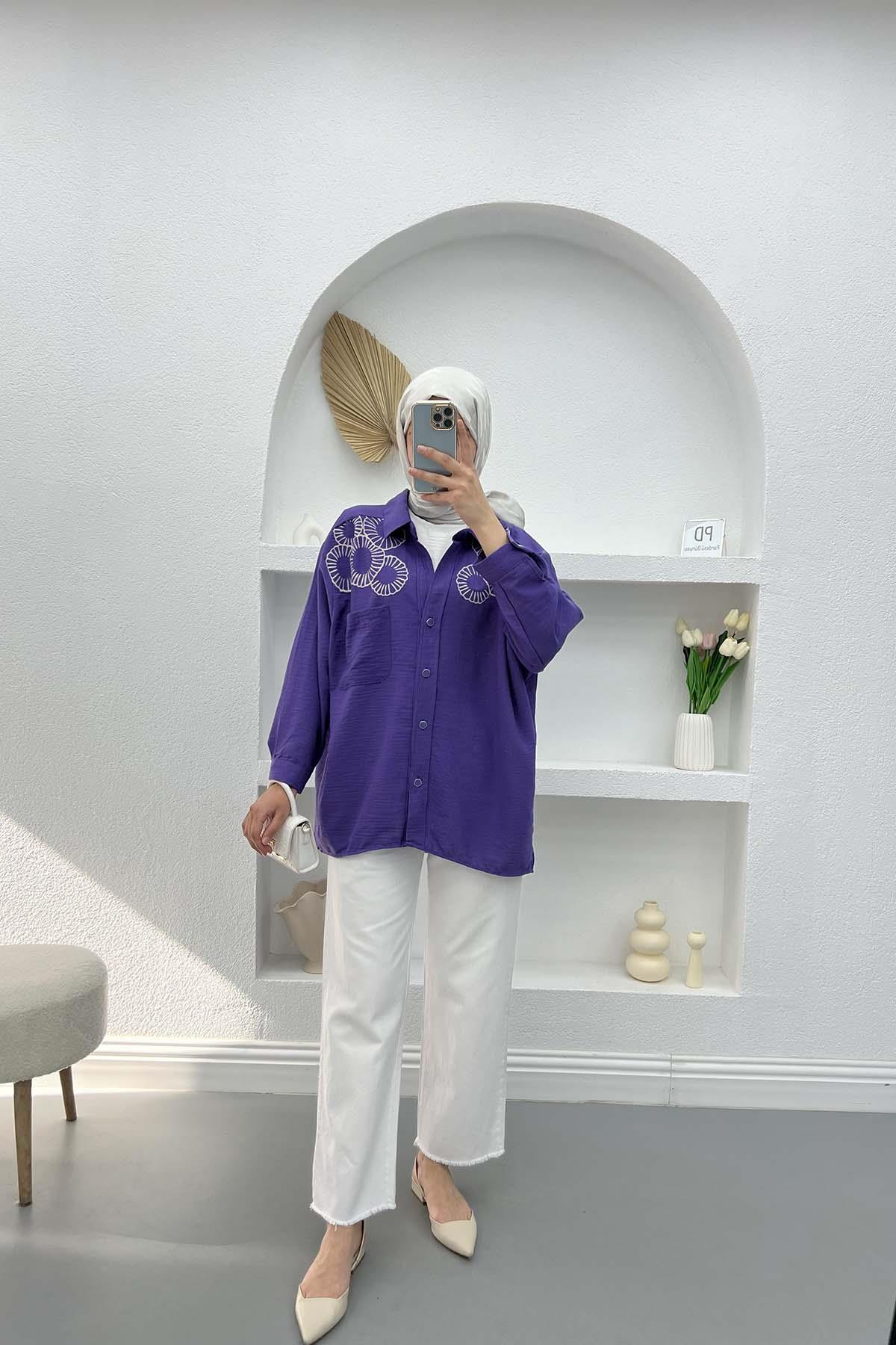 Nakışlı Oversize Gömlek Mor