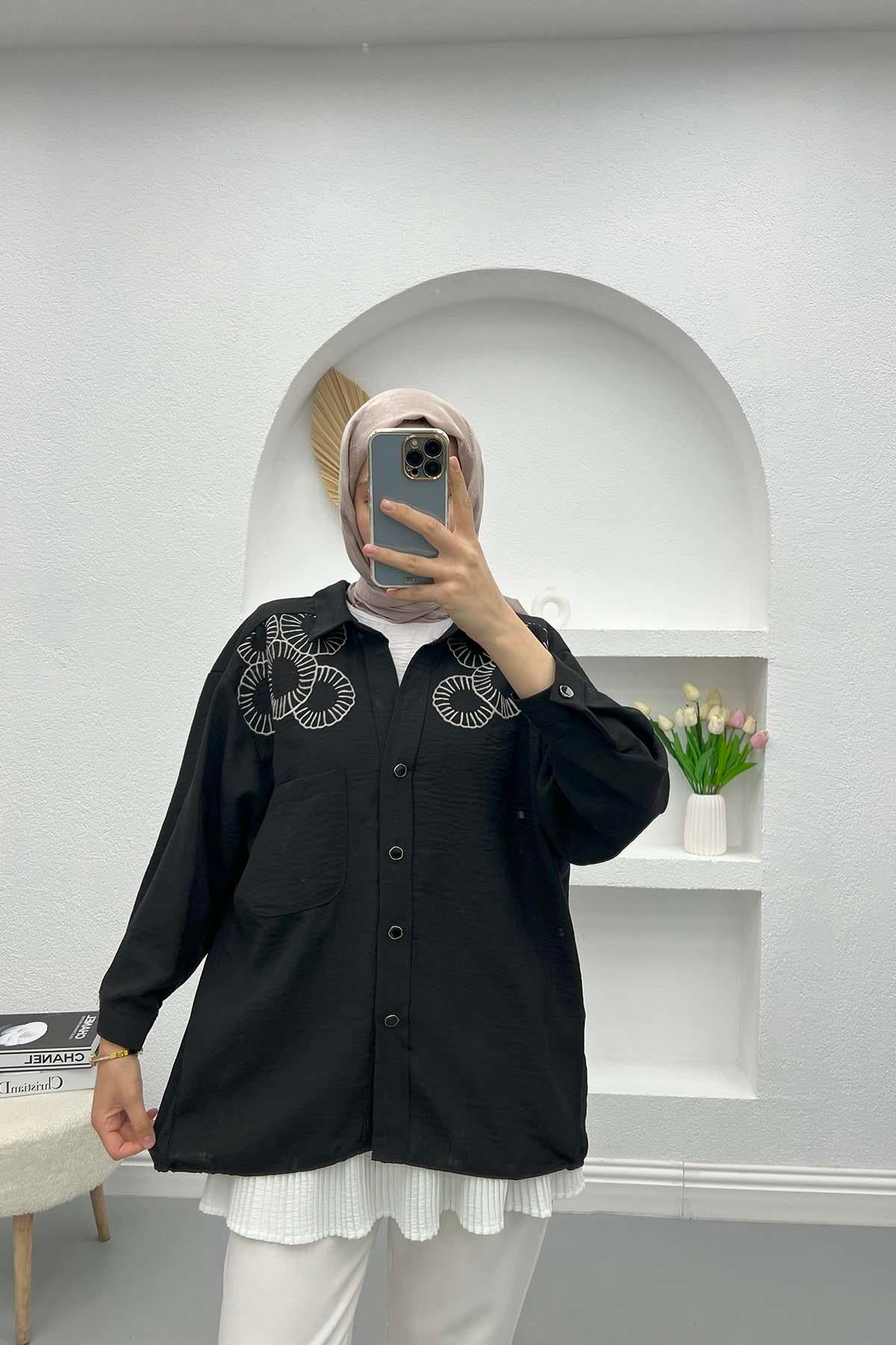 Nakışlı Oversize Gömlek Siyah