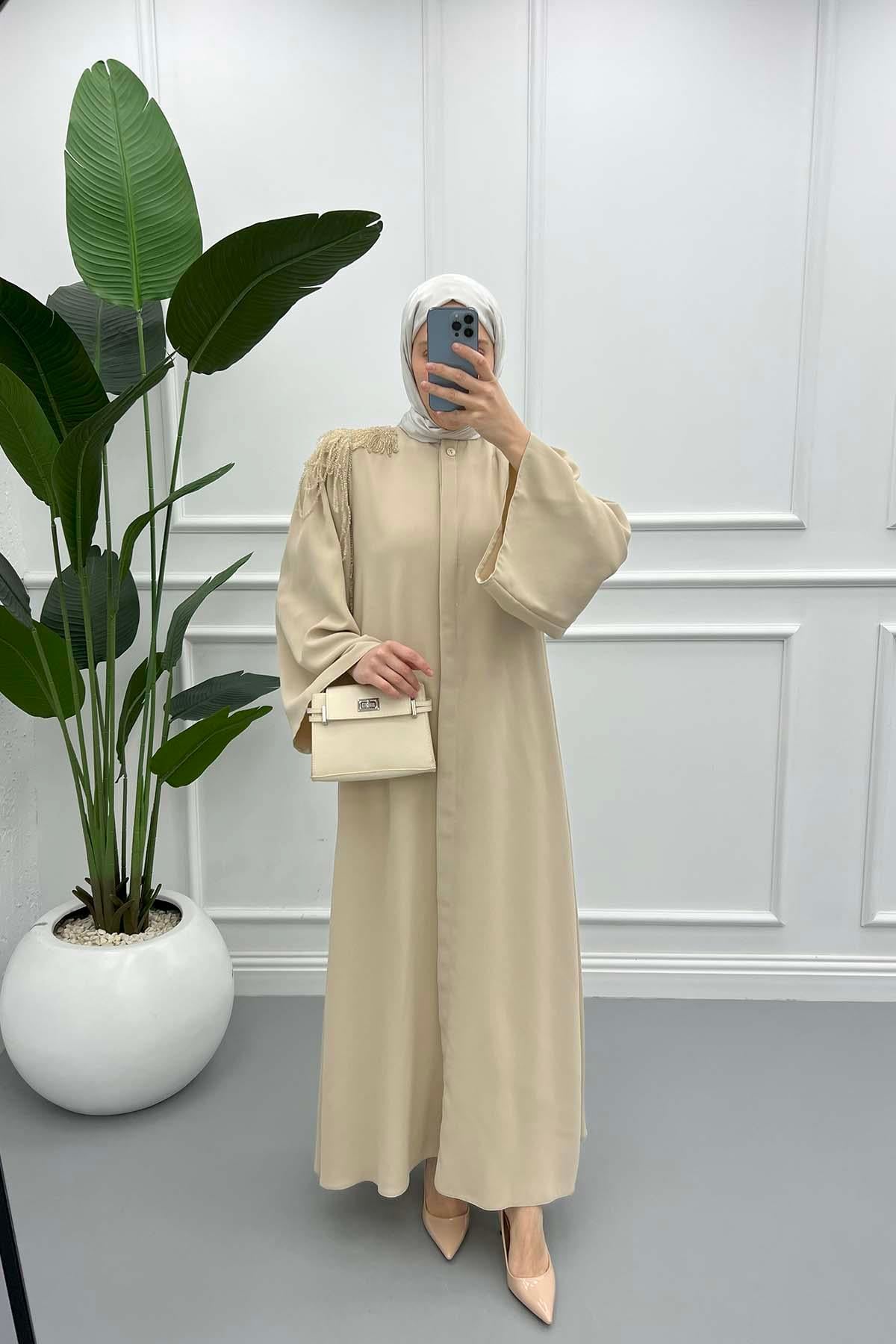 Omuz Boncuklu Abaya Bej