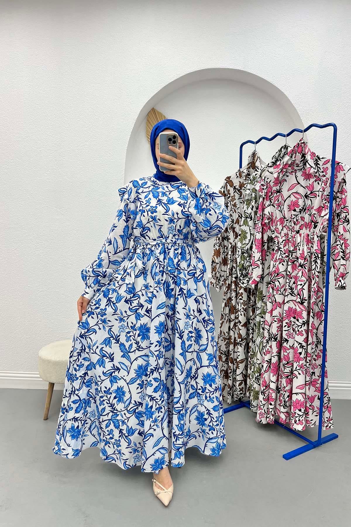 Omuz Fırfırlı Çiçekli Elbise Mavi