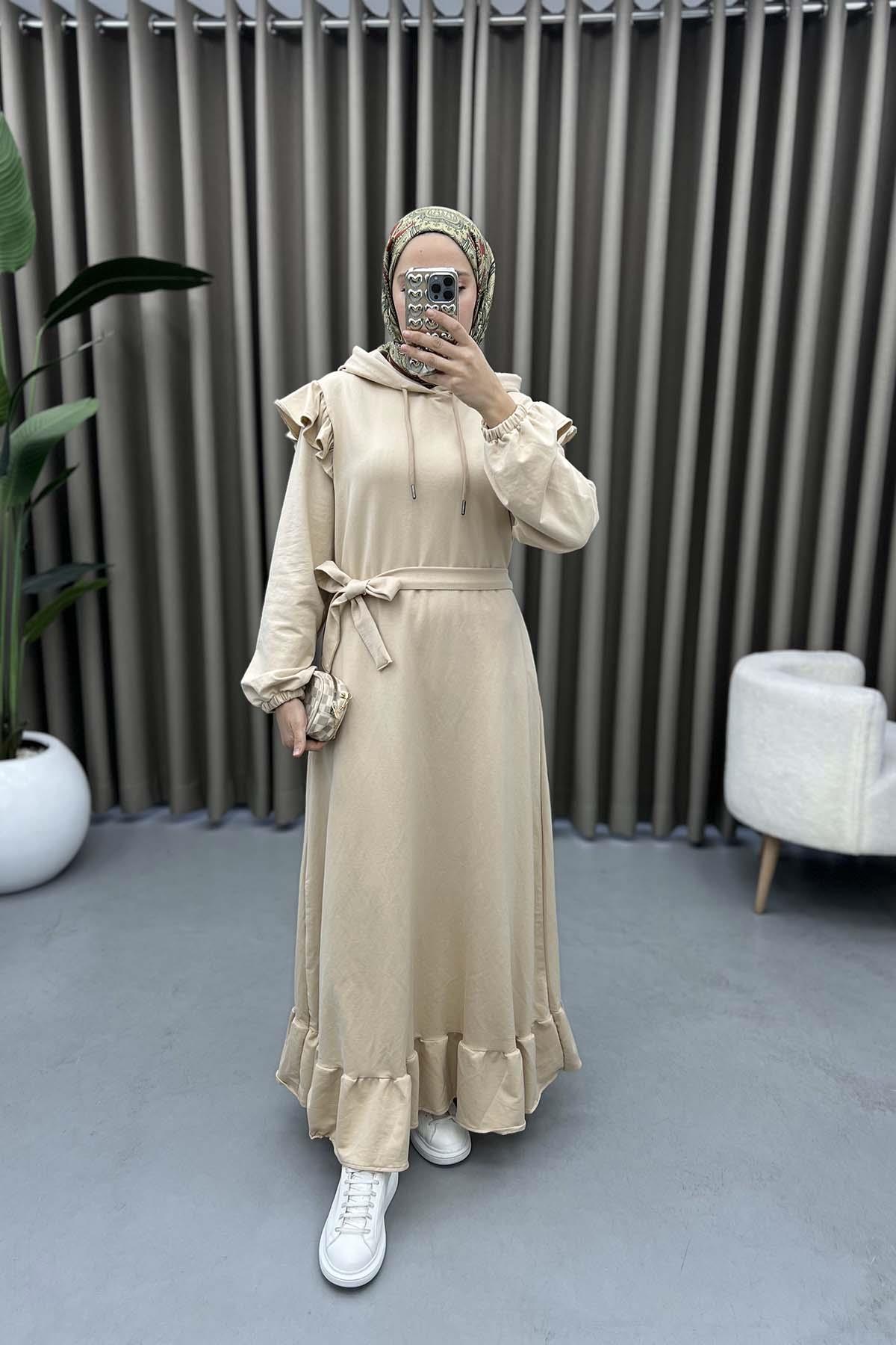 Omuz Fırfırlı Sweat Elbise Bej