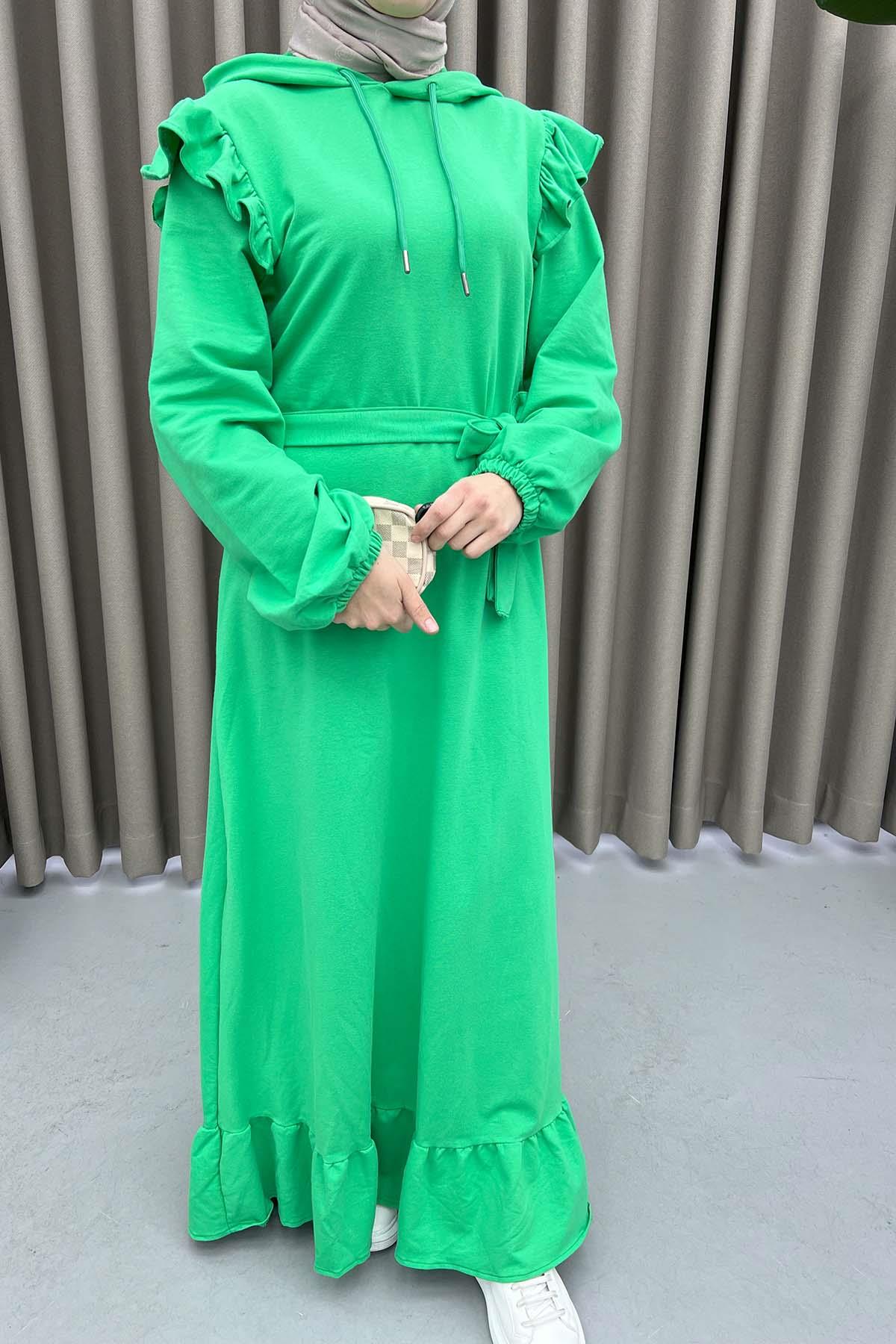 Omuz Fırfırlı Sweat Elbise Benetton Yeşil