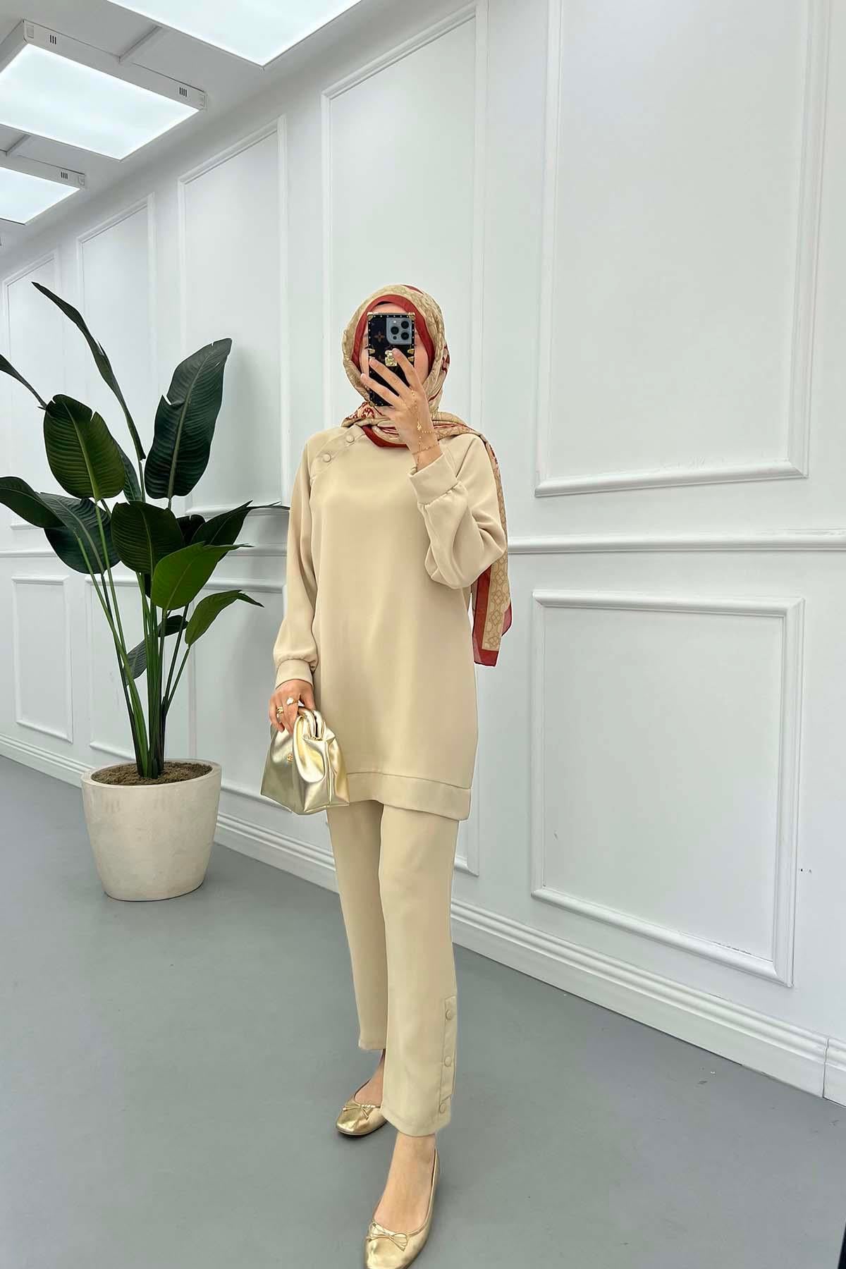 Omuzu Çıtçıtlı Pantalon Takım Bej