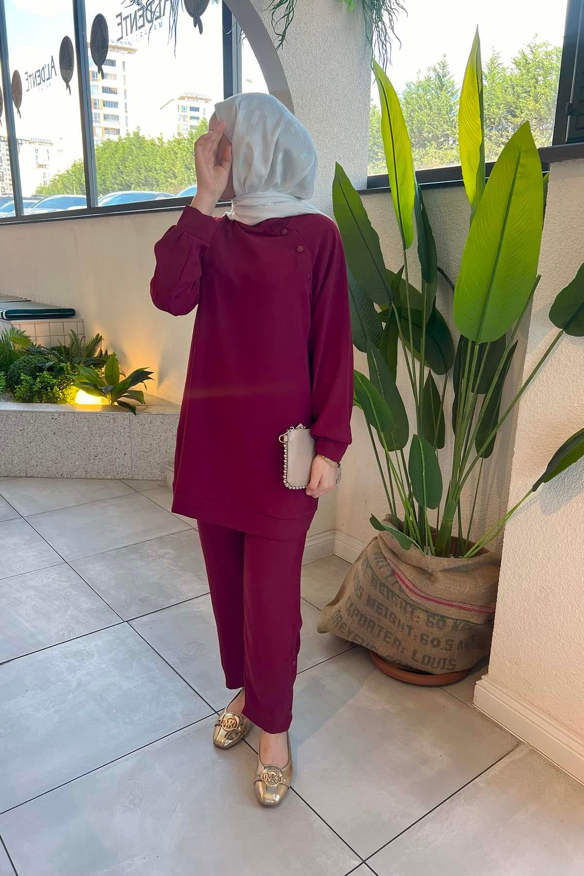 Omuzu Çıtçıtlı Pantalon Takım Bordo