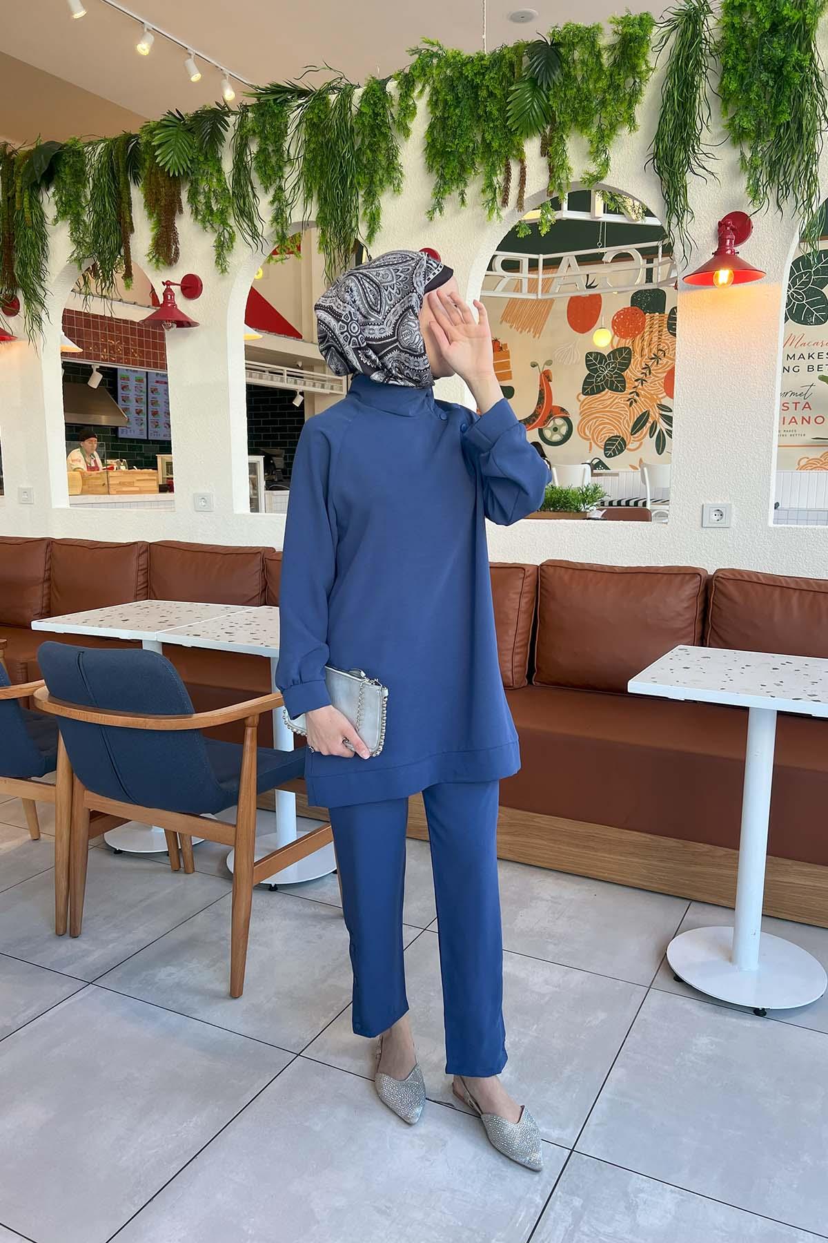 Omuzu Çıtçıtlı Pantalon Takım İndigo
