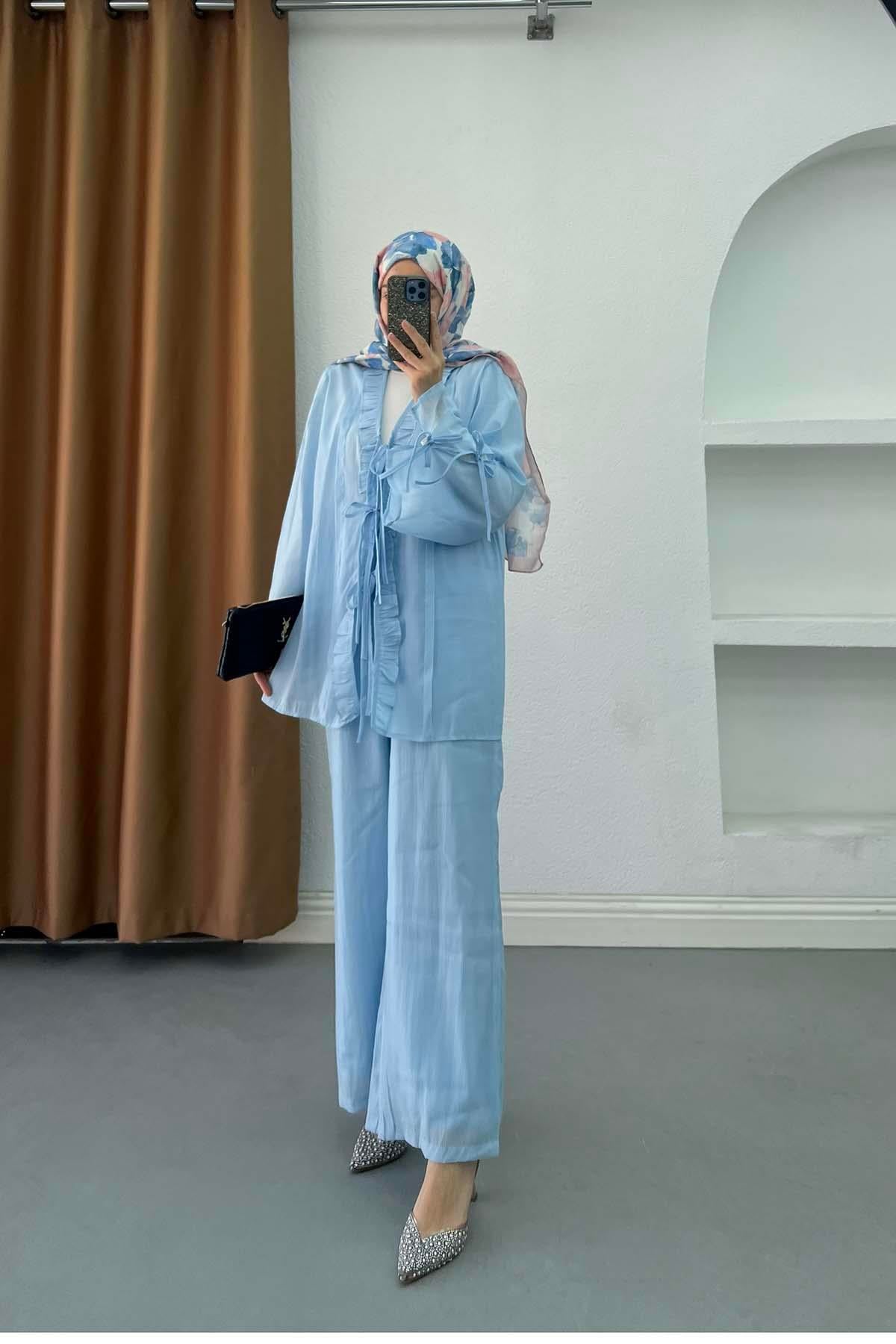 Önden Bağlama Detaylı Fırfırlı Kimono Takım Bebe Mavi