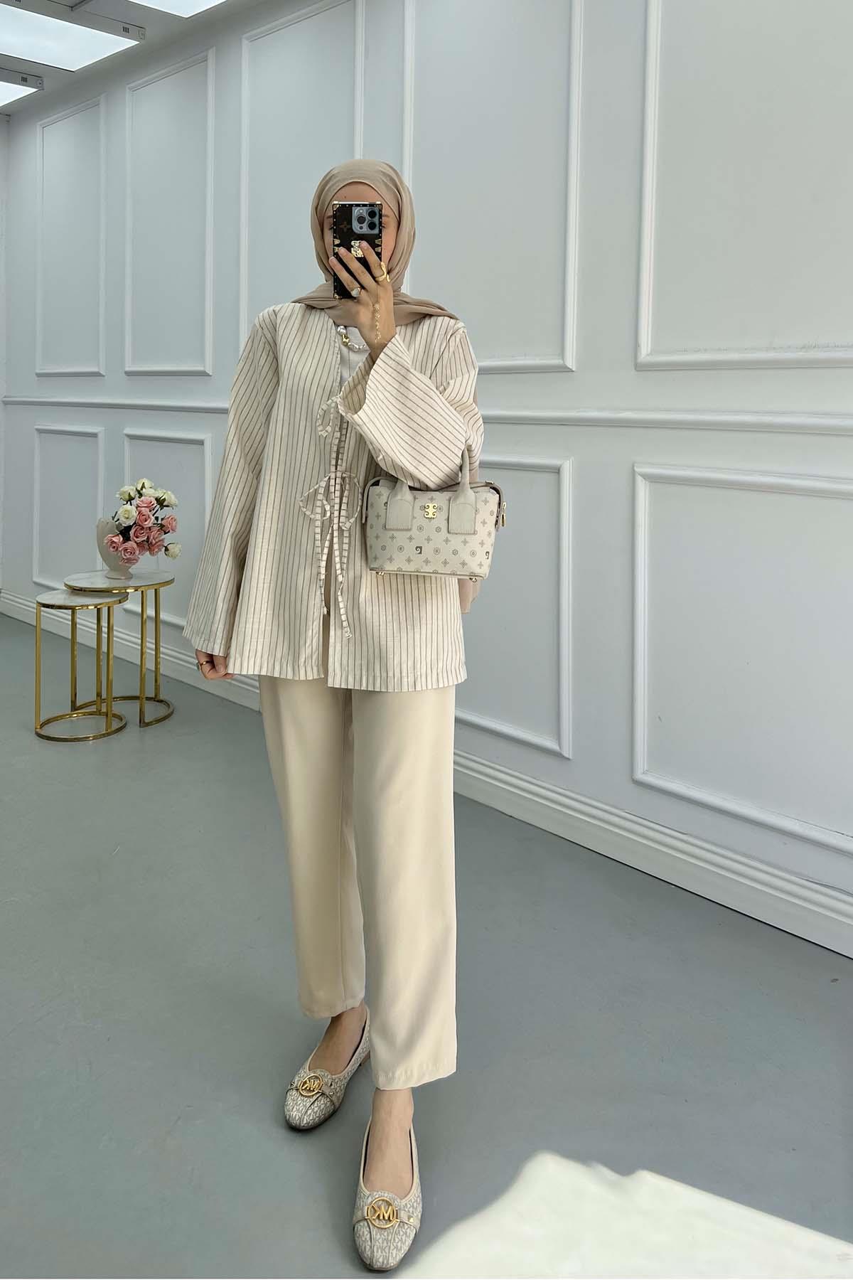 Önden Bağlamalı Çizgili Kimono Bej