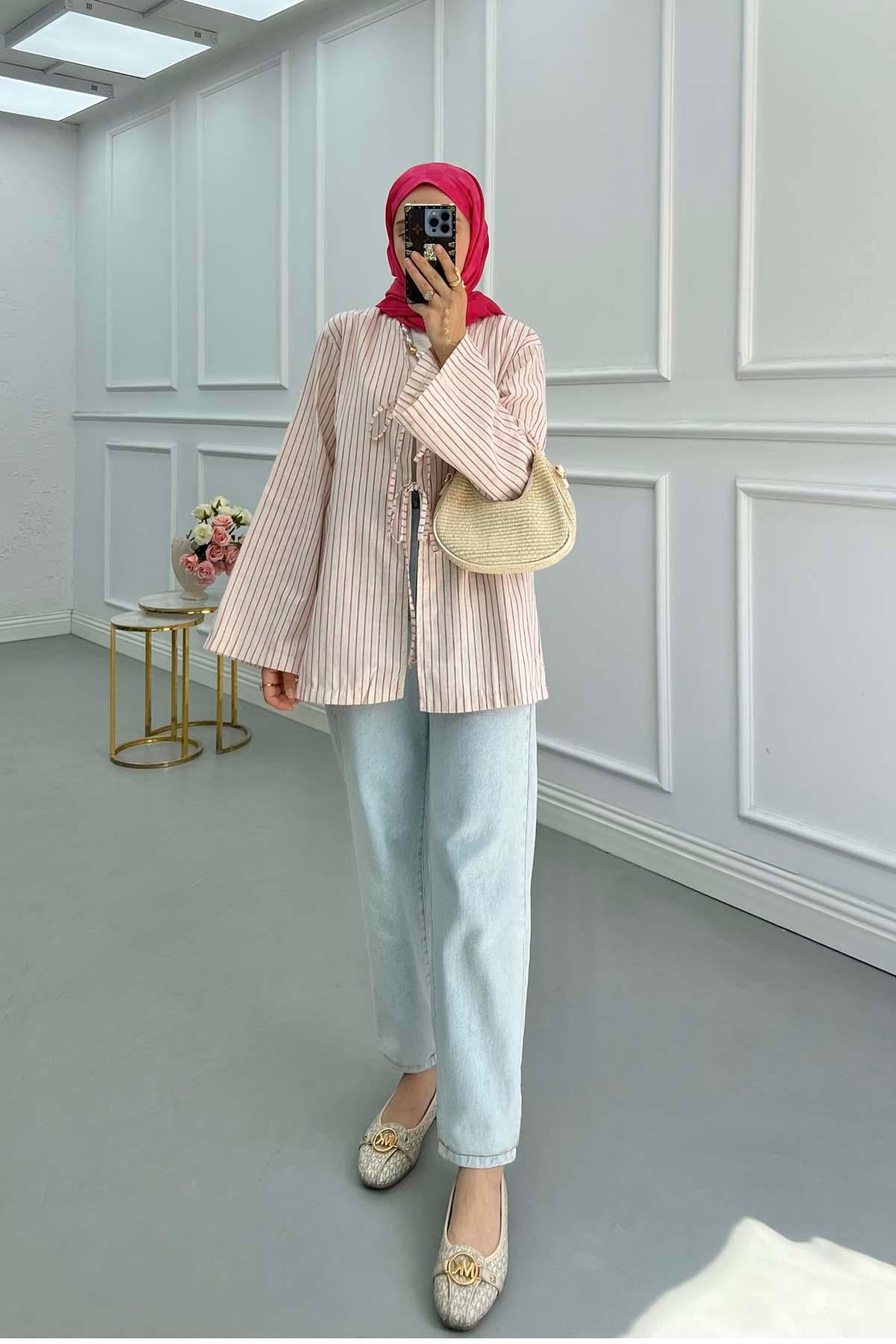Önden Bağlamalı Çizgili Kimono Fuşya