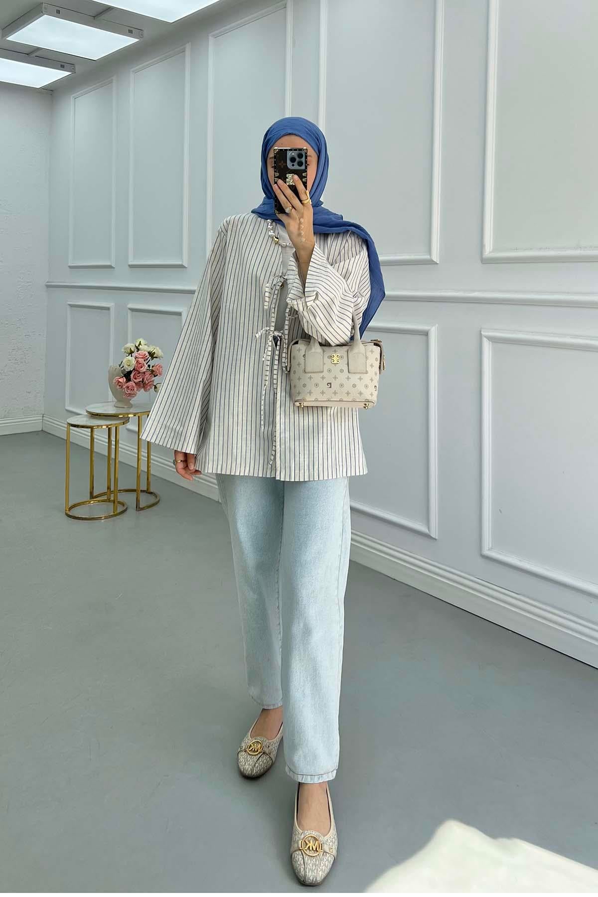 Önden Bağlamalı Çizgili Kimono İndigo