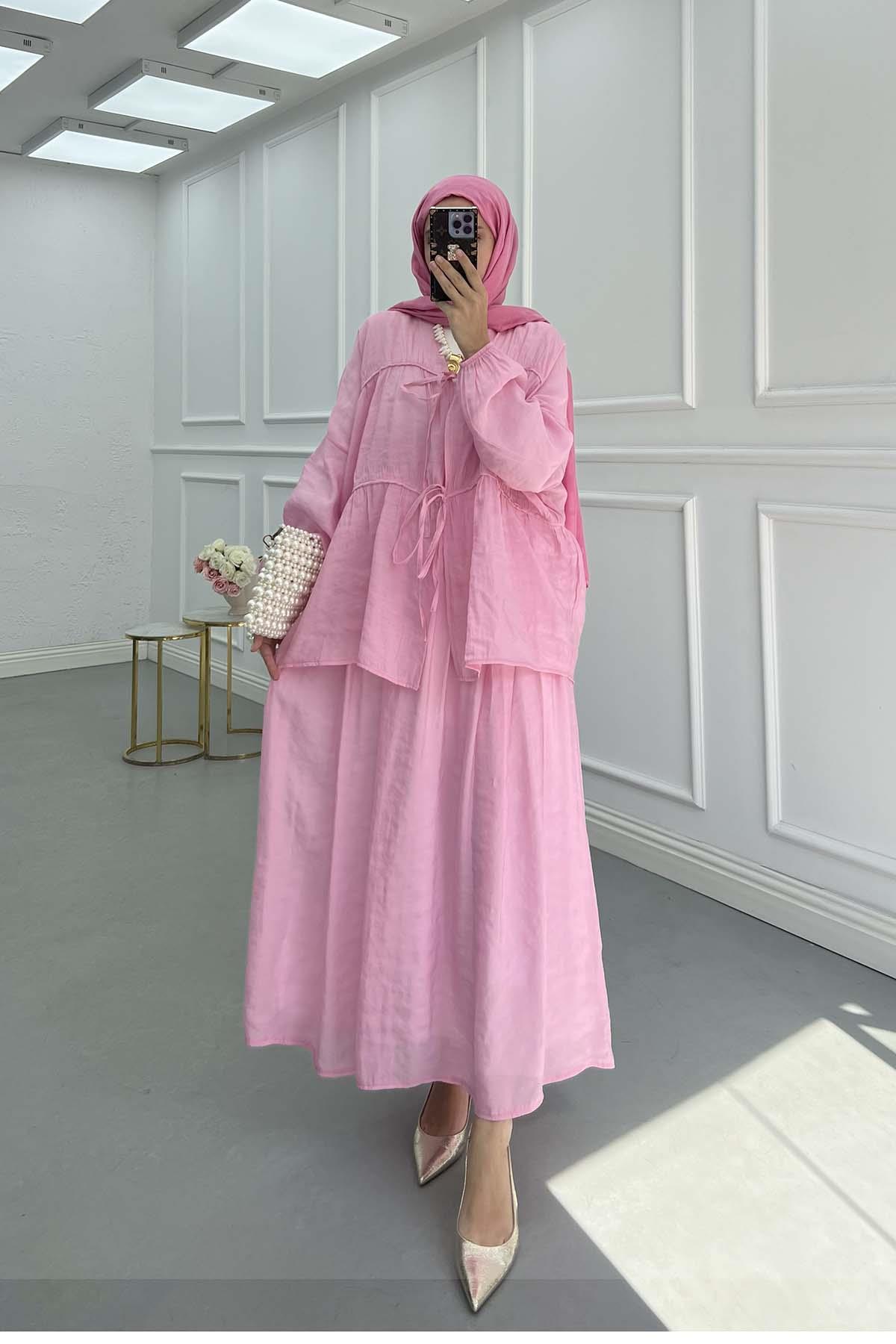 Önden Bağlamalı Eteği Astarlı Takım Pembe