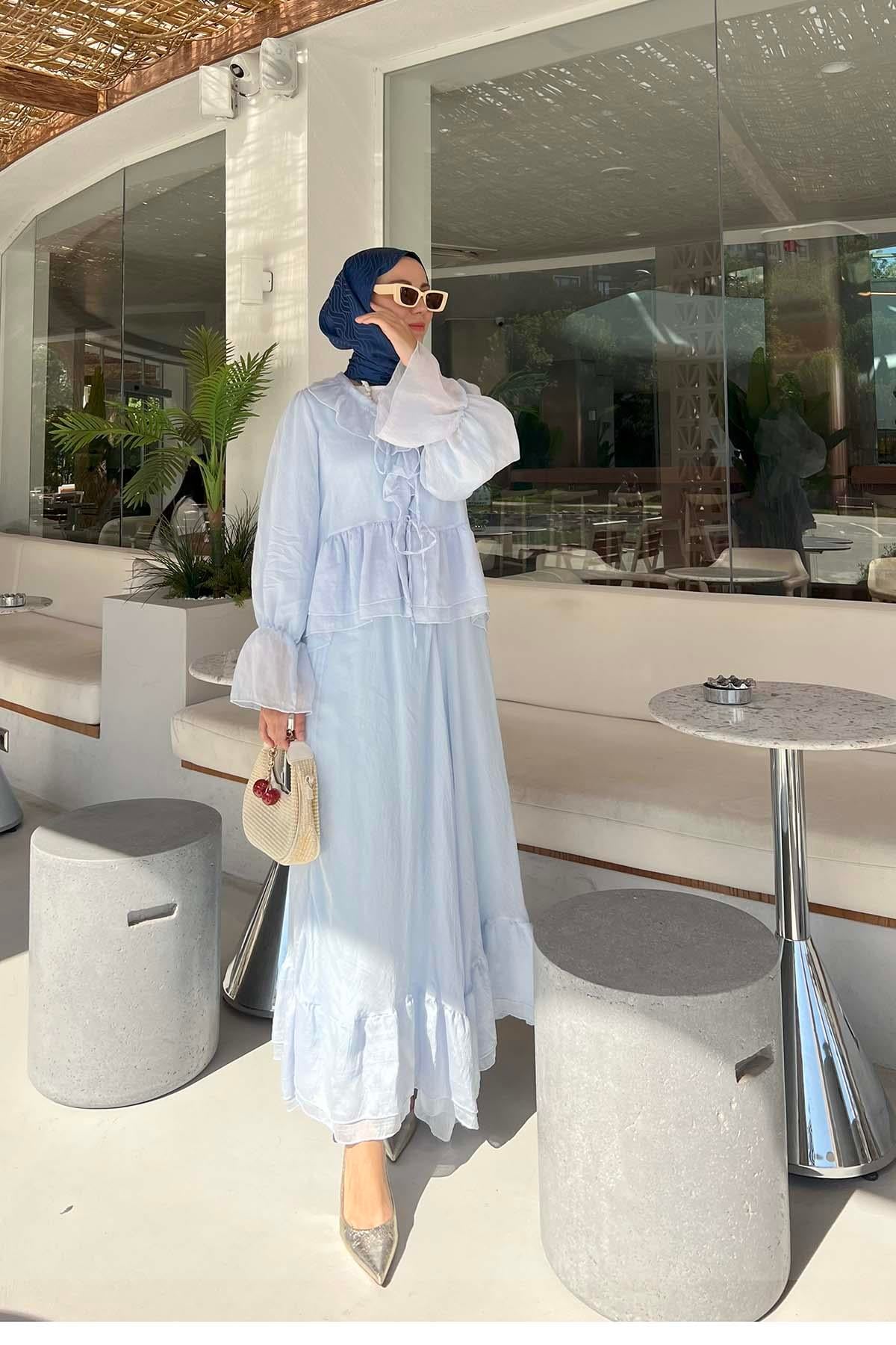 Önden Bağlamalı Fırfırlı (Astarlı) Takım Bebe Mavi