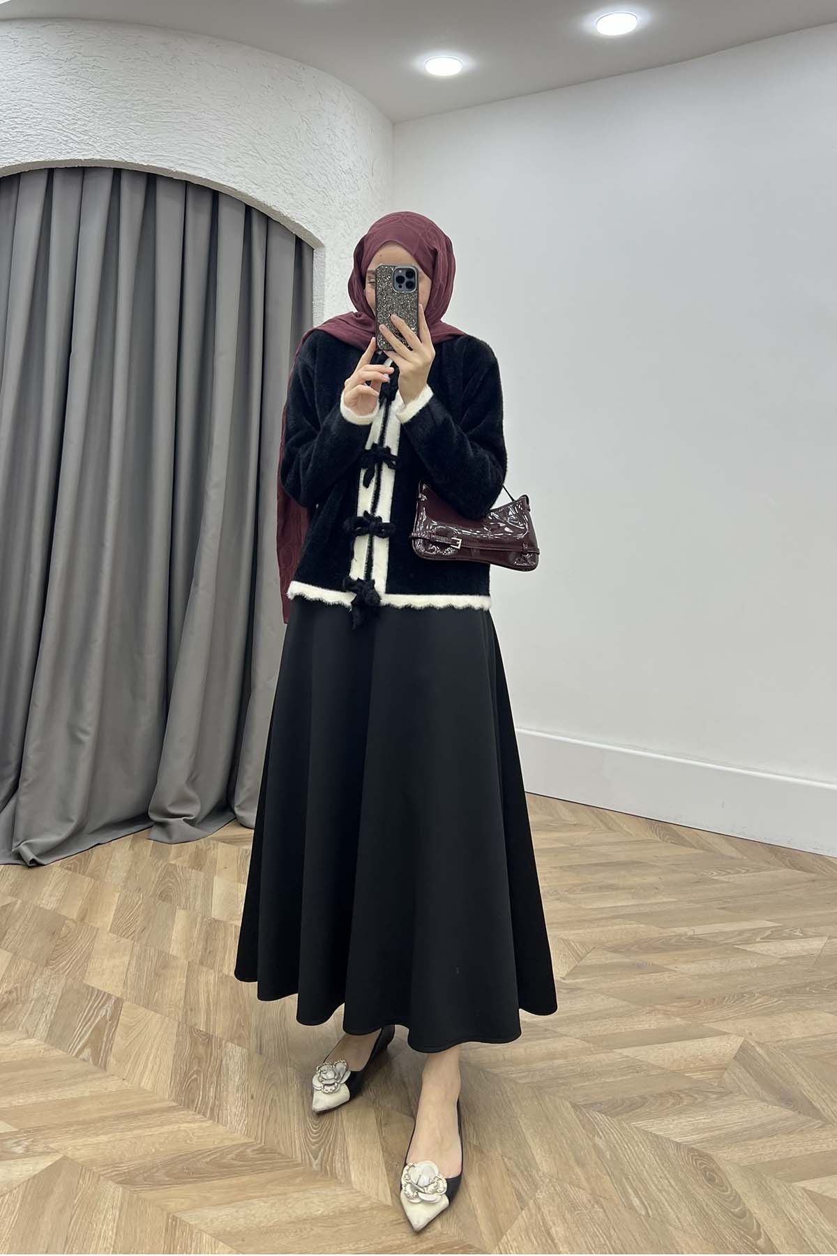 Önü Bağlamalı Bisiklet Yaka Angora Hırka Siyah