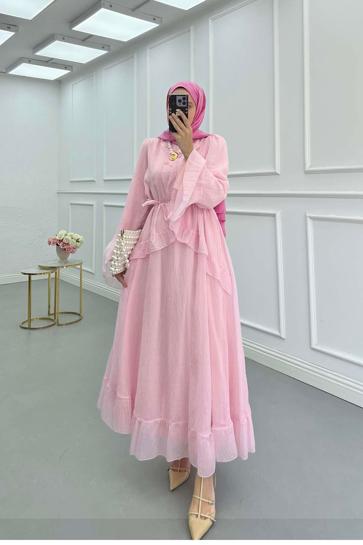 Önü Fırfırlı (Astarlı) Tül Elbise Pembe