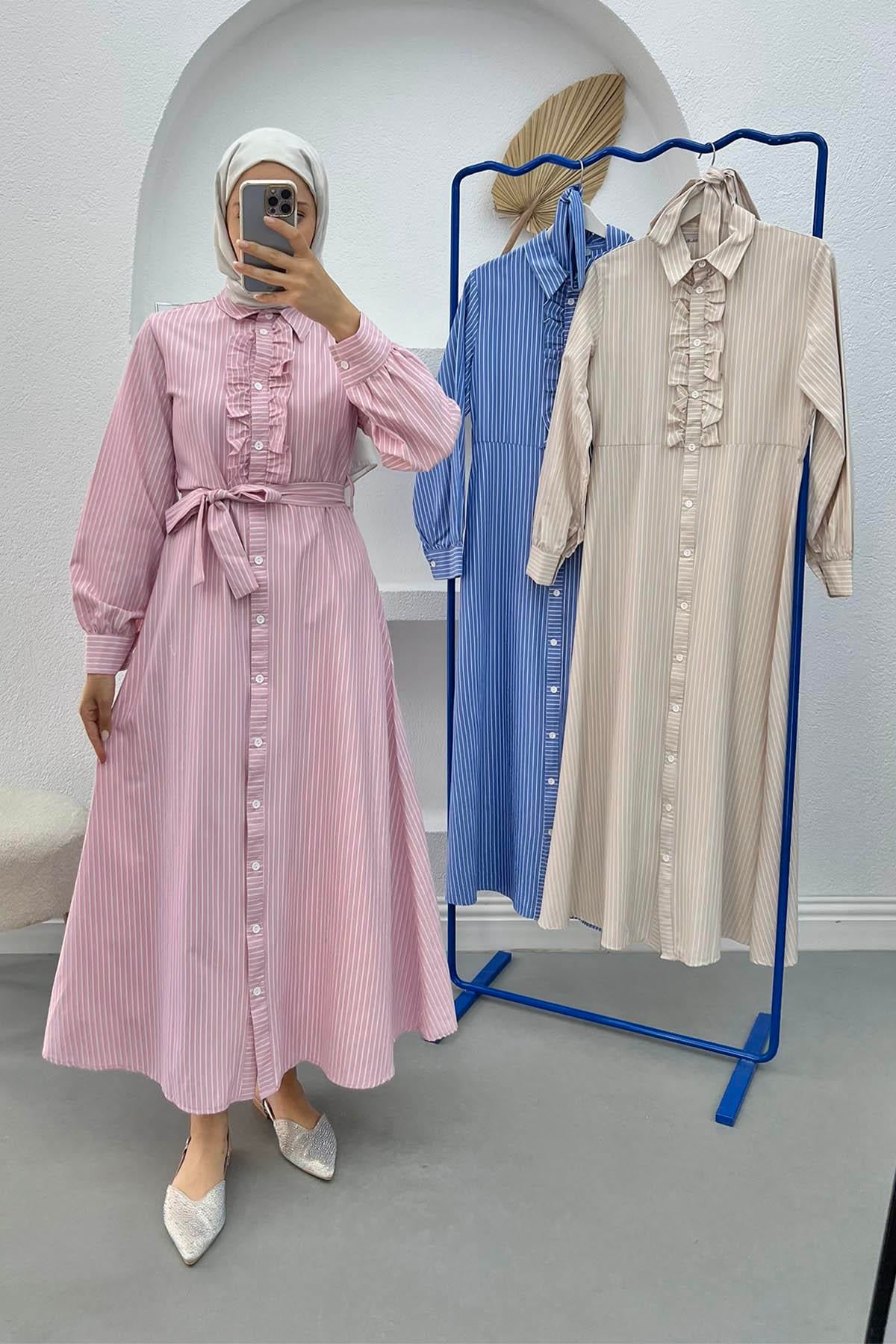 Önü Fırfırlı Çizgili Elbise Pembe