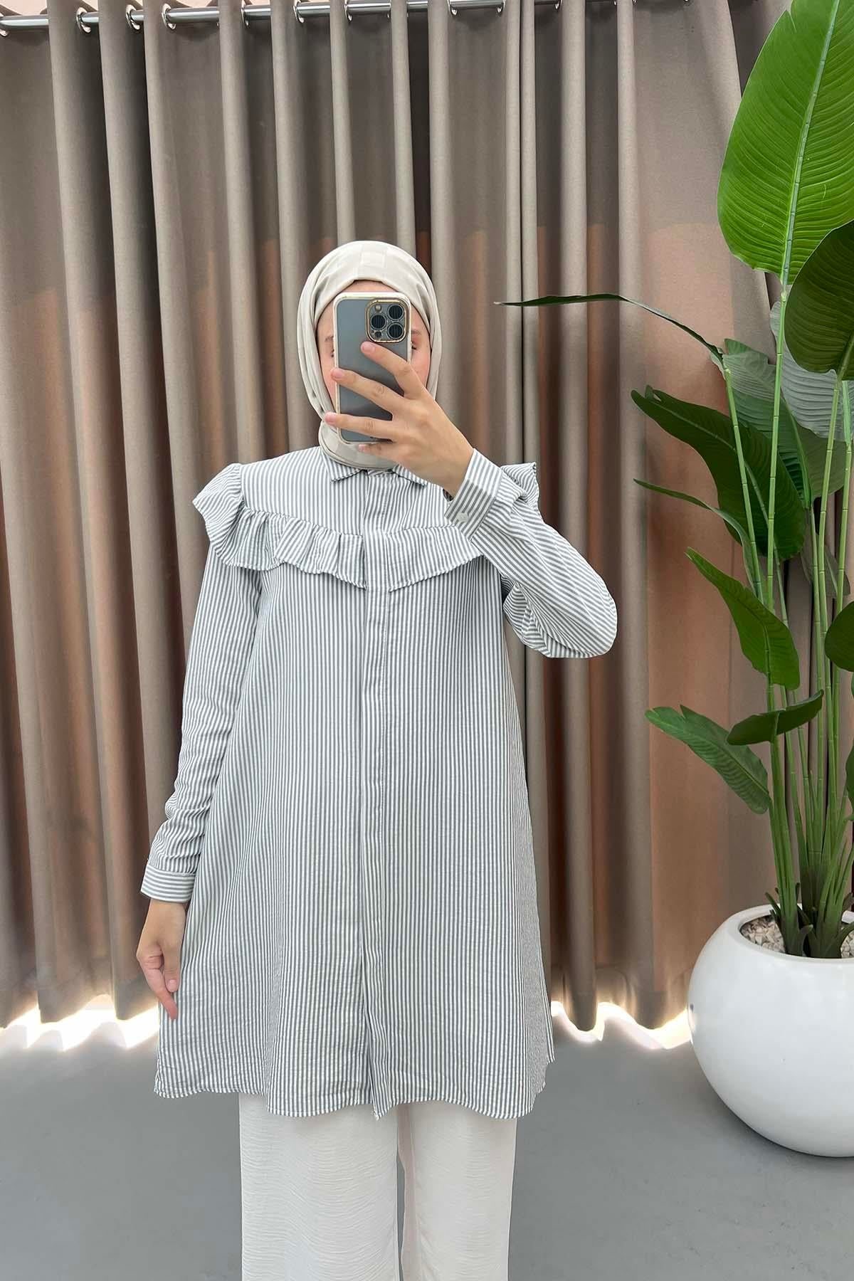Önü Fırfırlı Çizgili Tunik Siyah