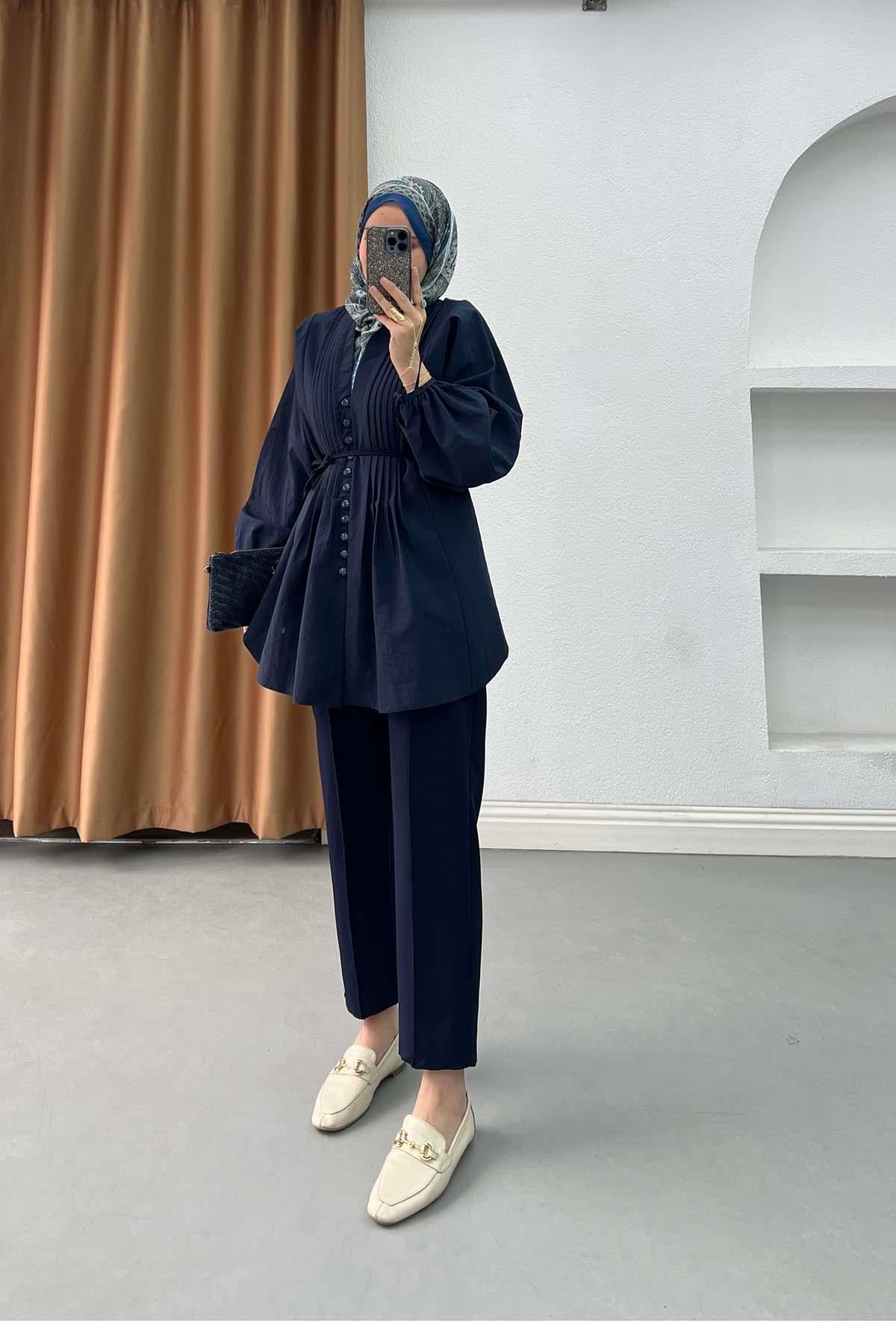 Önü Nervürlü Kemerli Modern Mango Gömlek Lacivert